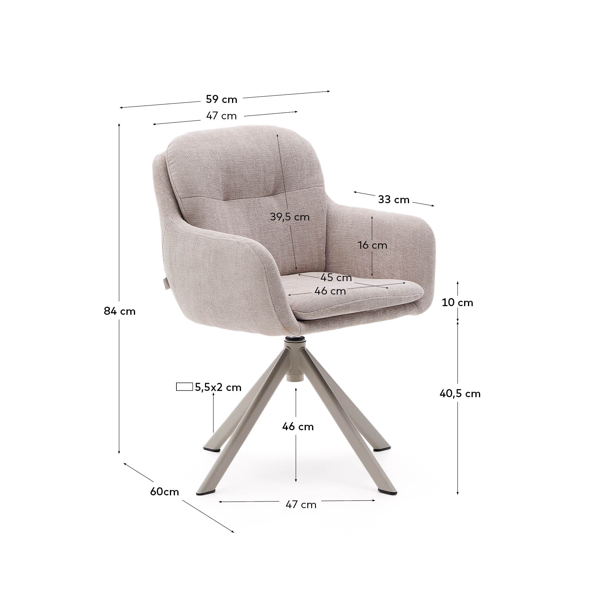 Moderner Drehstuhl Lexa von Kave Home, mit beiger Chenille-Polsterung und stabilen Stahlbeinen, ideal für stilvolle Wohnräume.