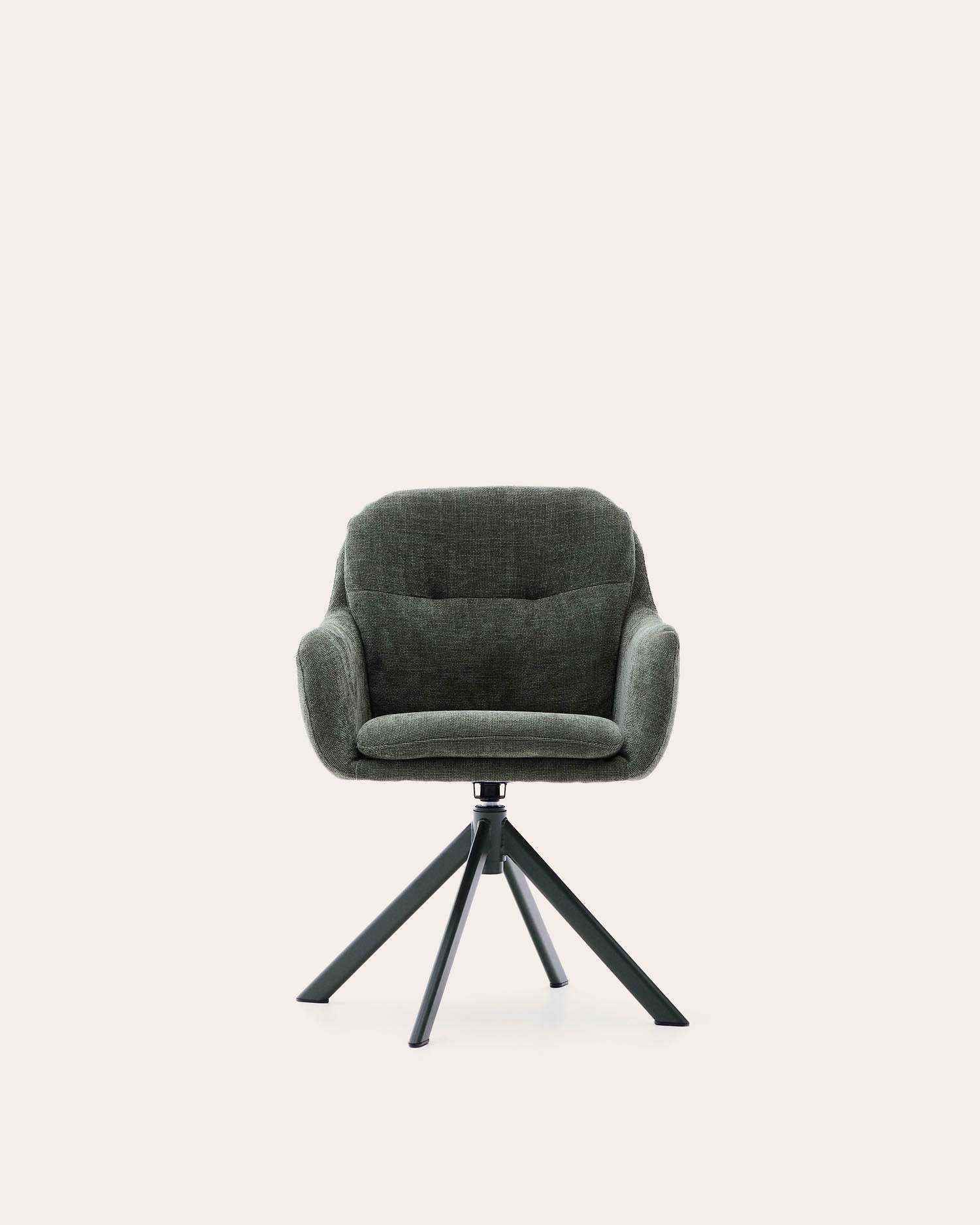 Moderner Drehstuhl Lexa mit grünem Chenille-Bezug und Stahlbeinen in Grün, ideal für stilvolle und zeitgemässe Einrichtungen.