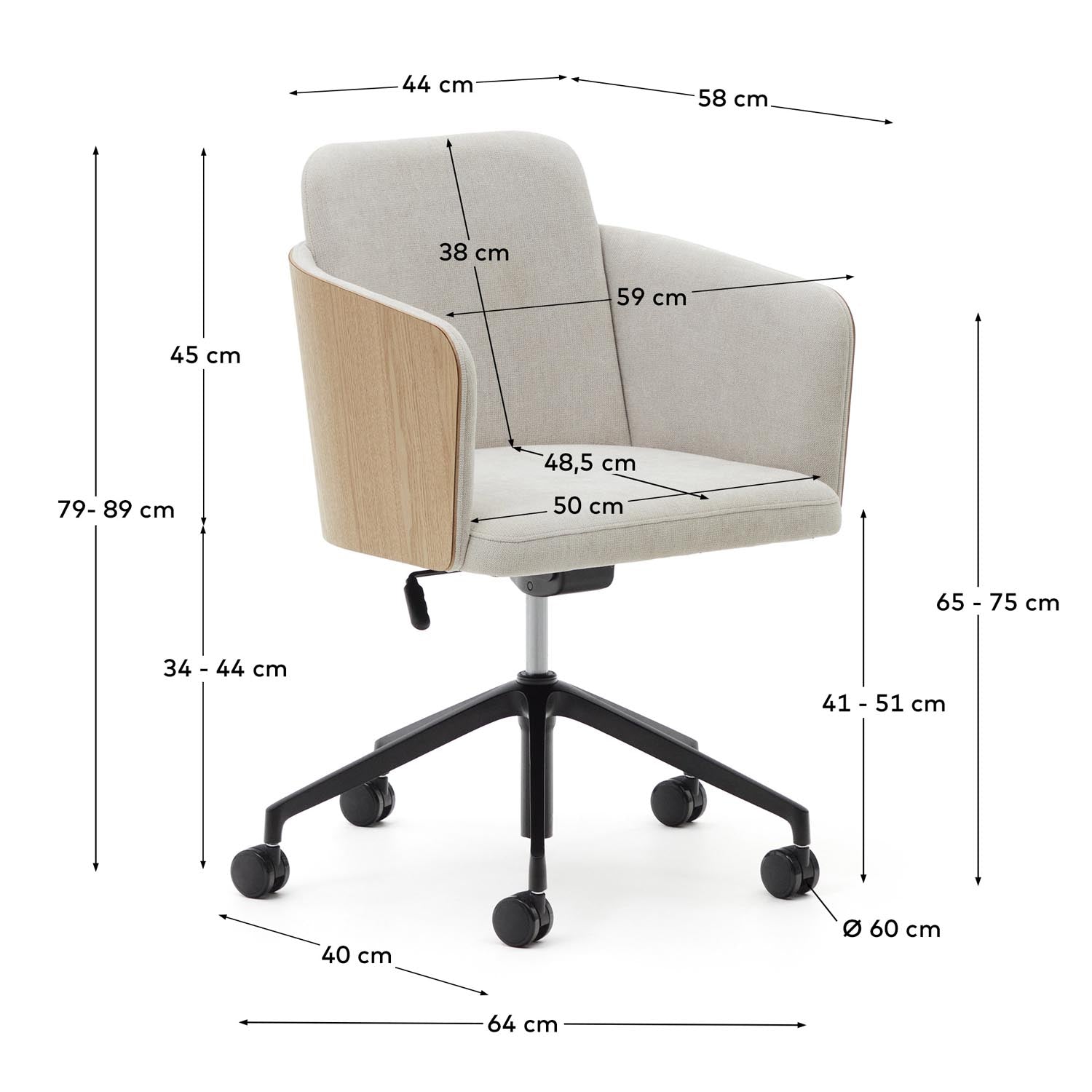 Beige Chenille Schreibtischstuhl mit Eschenfurnier, vereint Stil und Komfort für Ihr Büro. Ergonomisch, nachhaltig und mobil.