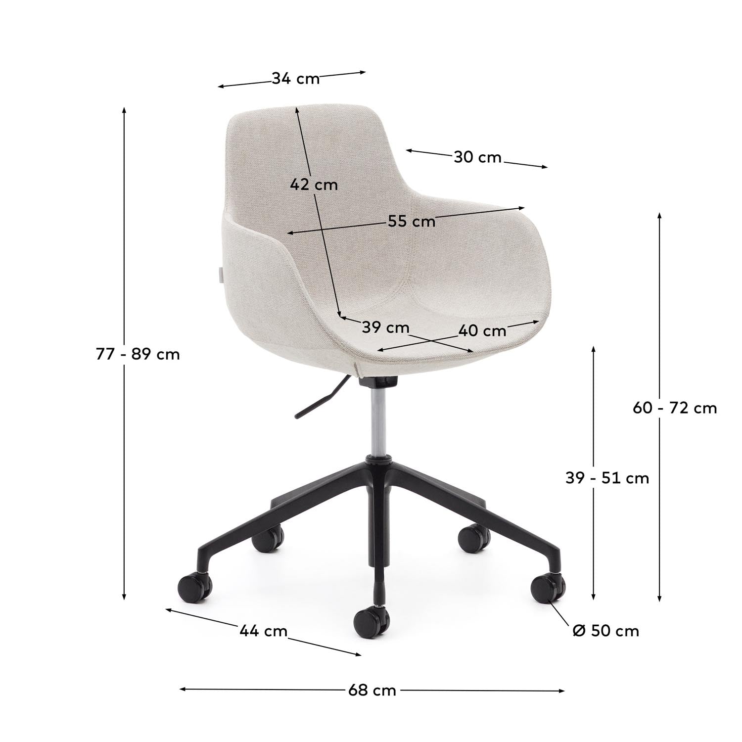 Tissiana Schreibtischstuhl: Eleganter Bürostuhl in Beige mit mattschwarzem Aluminium, ideal für ergonomisches Arbeiten und stilvolle Büros.