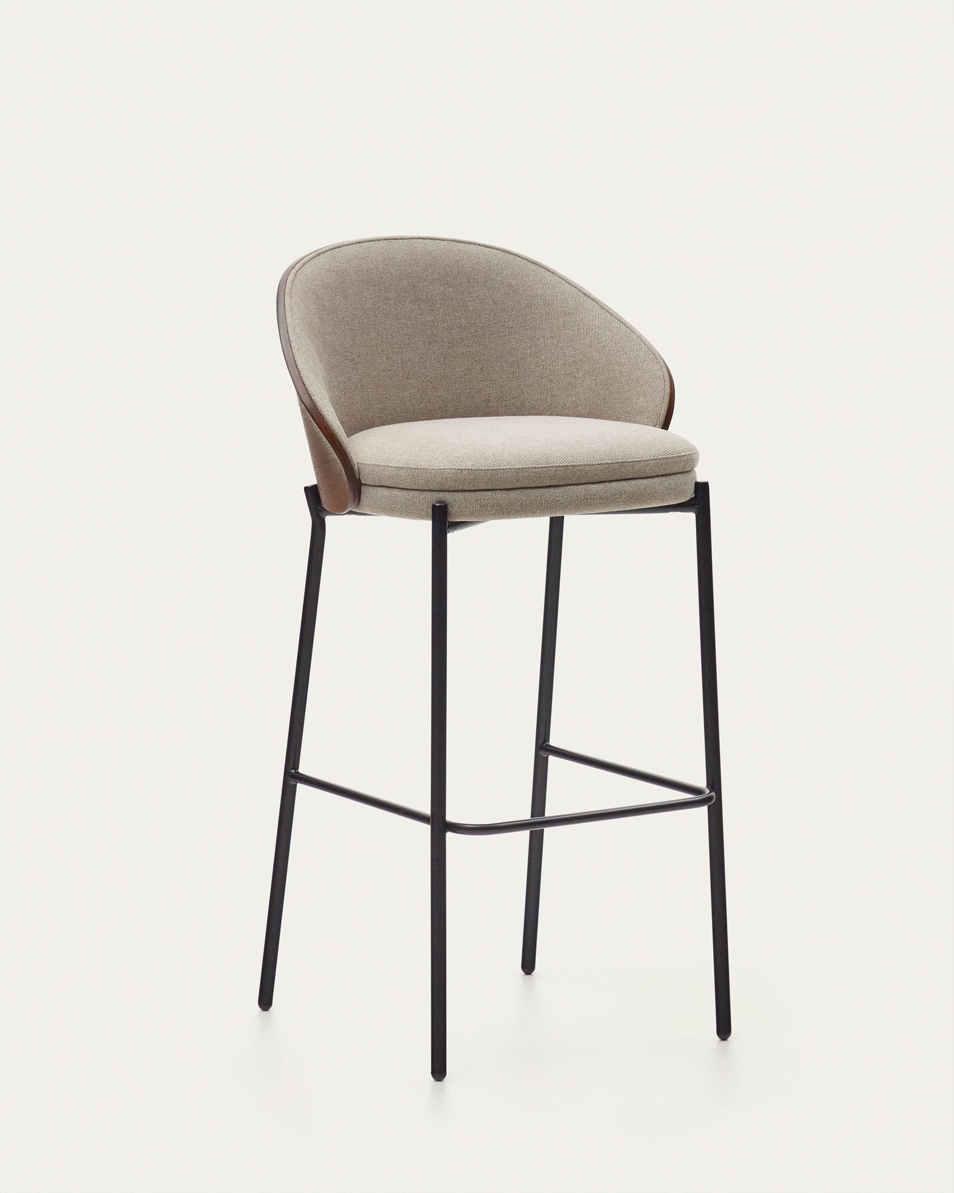 3D-Modell des Eamy Hockers: 77 cm, braune Chenille, Eschenfurnier mit Wenge-Finish, schwarzes Metall, elegant und komfortabel.