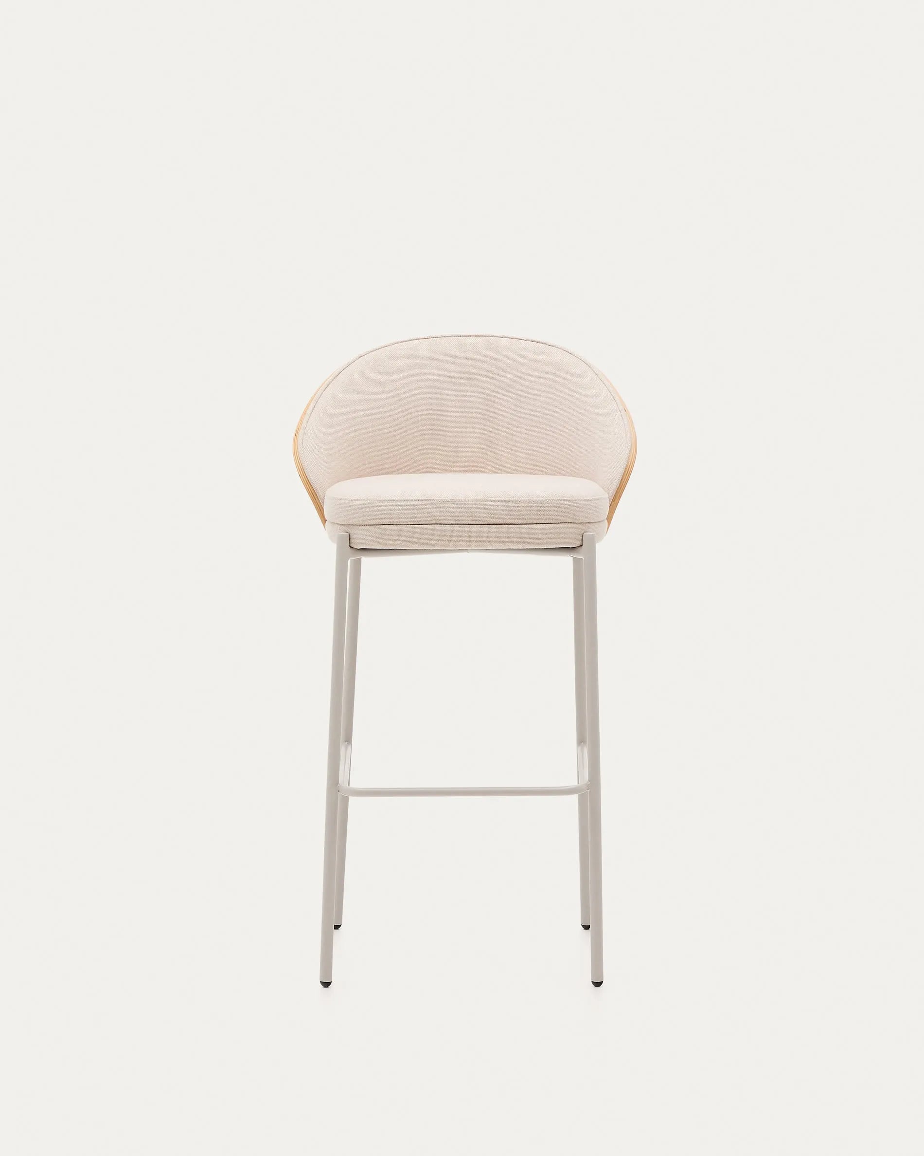 Moderner Hocker Eamy, 77 cm, mit beigem Chenille, Eschenfurnier und Metall, ideal für stilvolle und zeitgemäße Einrichtung.