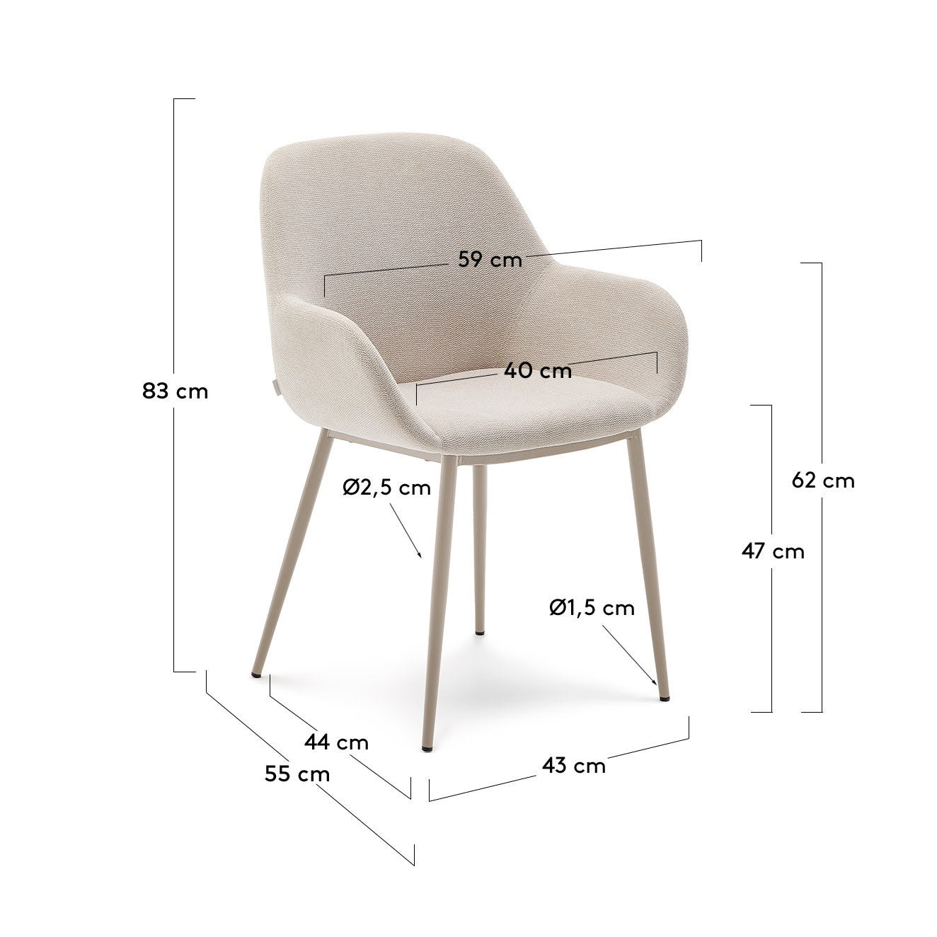 Eleganter beiger Stuhl Konna von Kave Home: Hochwertige Verarbeitung, ergonomischer Sitzkomfort und stilvolle Stahlbeine für Ihr Esszimmer.
