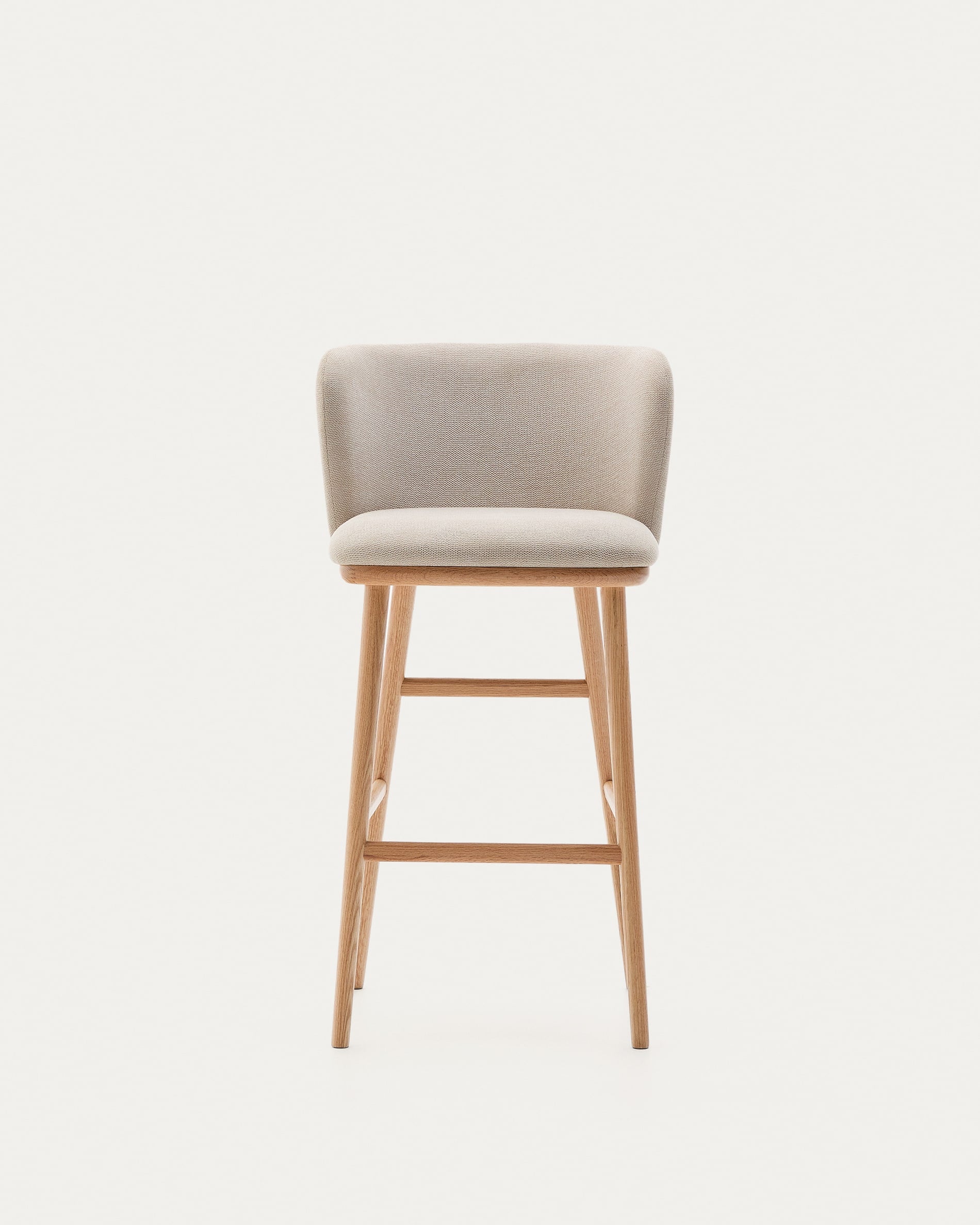 Moderner Hocker Ciselia, 75 cm hoch, aus beigem Chenille und massiver Esche mit natürlichem Finish, FSC-zertifiziert.