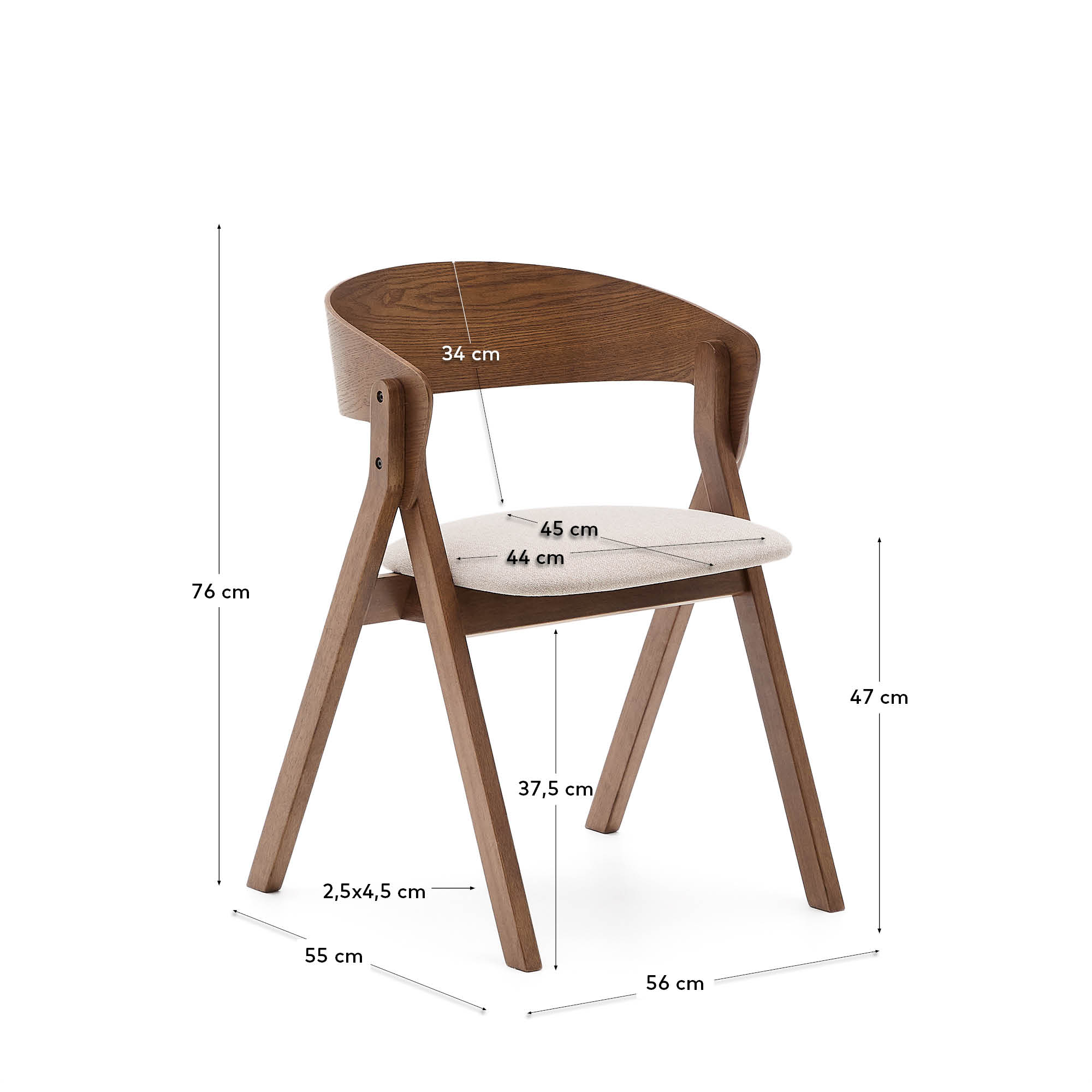 Der stilvolle Stuhl Godia vereint hochwertiges Eschefurnier und Kautschukholz mit einem edlen Wengé-Finish und beiger Chenille für höchsten Komfort.