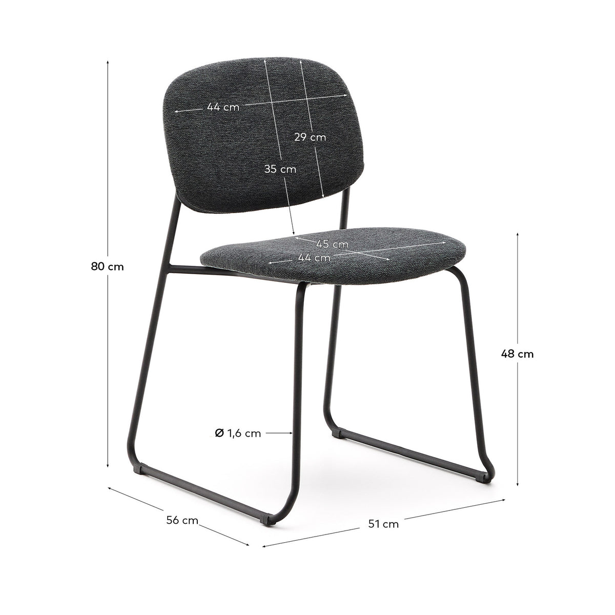 Stapelbarer Stuhl Meli mit grauer Chenille und grauen Metallbeinen FSC Mix Credit in Dunkelgrau präsentiert im Onlineshop von KAQTU Design AG. Stuhl ist von Kave Home