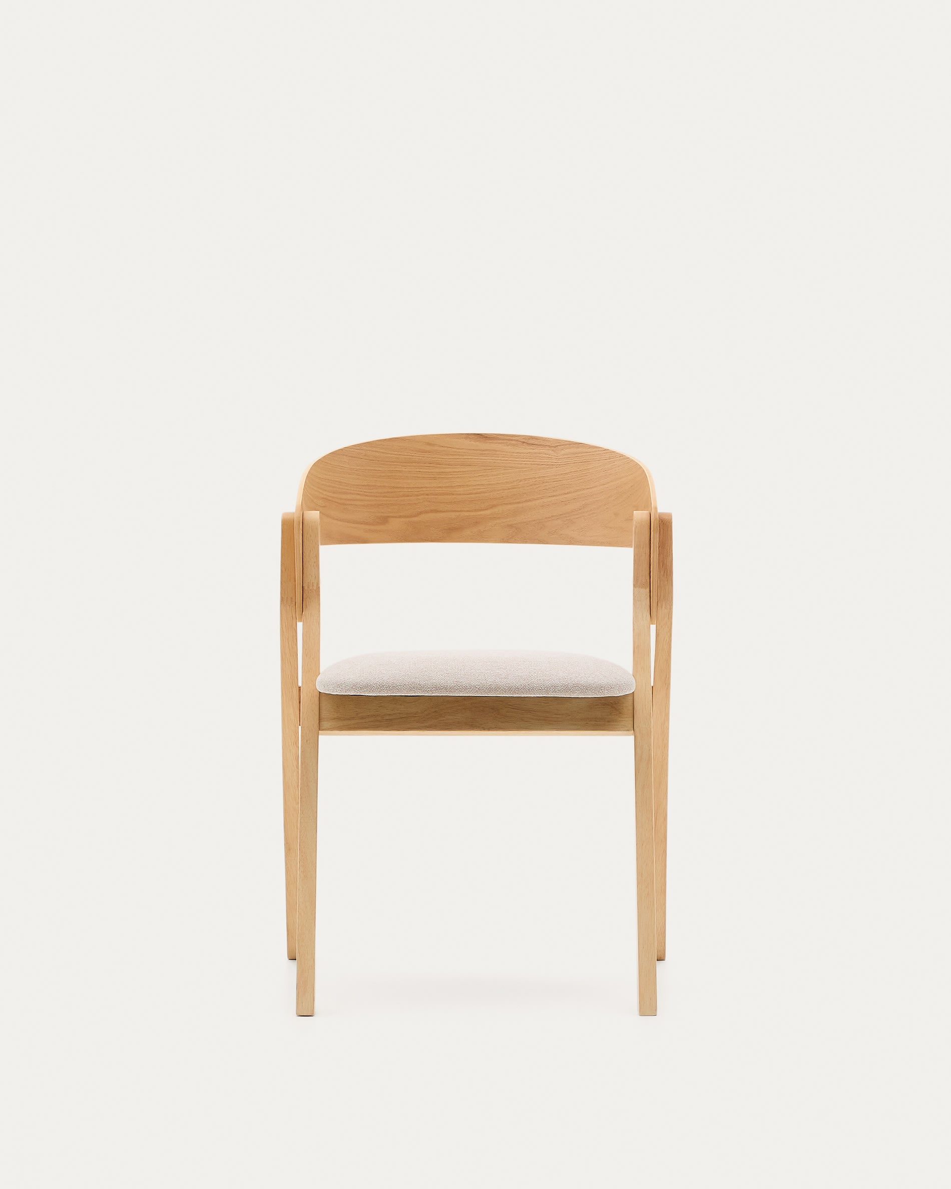 Eleganter Stuhl Godia aus Eschefurnier und Kautschukholz, naturfarben, mit beiger Chenille-Polsterung, stilvoll und bequem.