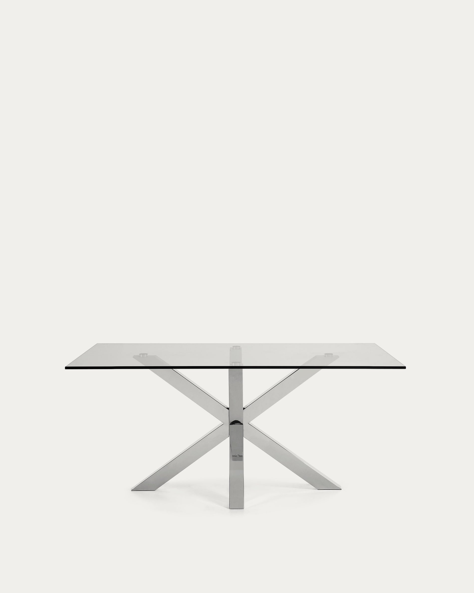 Eleganter Argo Tisch mit klarer Glasplatte und robusten Edelstahlbeinen, 180x100 cm, perfekt für moderne Wohn- und Esszimmer.