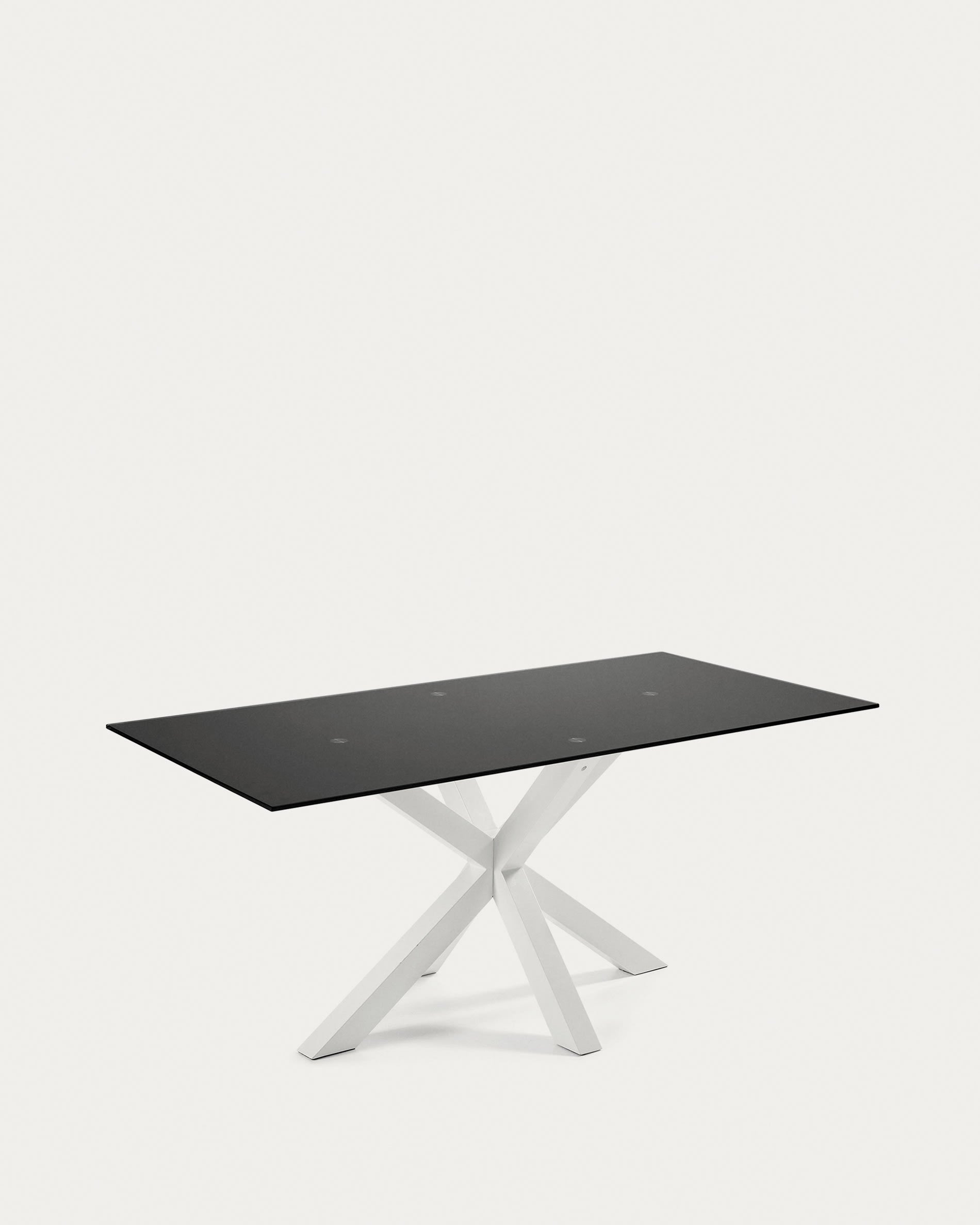 Moderner Tisch Argo: Schwarzes Milchglas trifft auf weisse Stahlbeine, 200x100 cm. Eleganz und Funktionalität vereint.