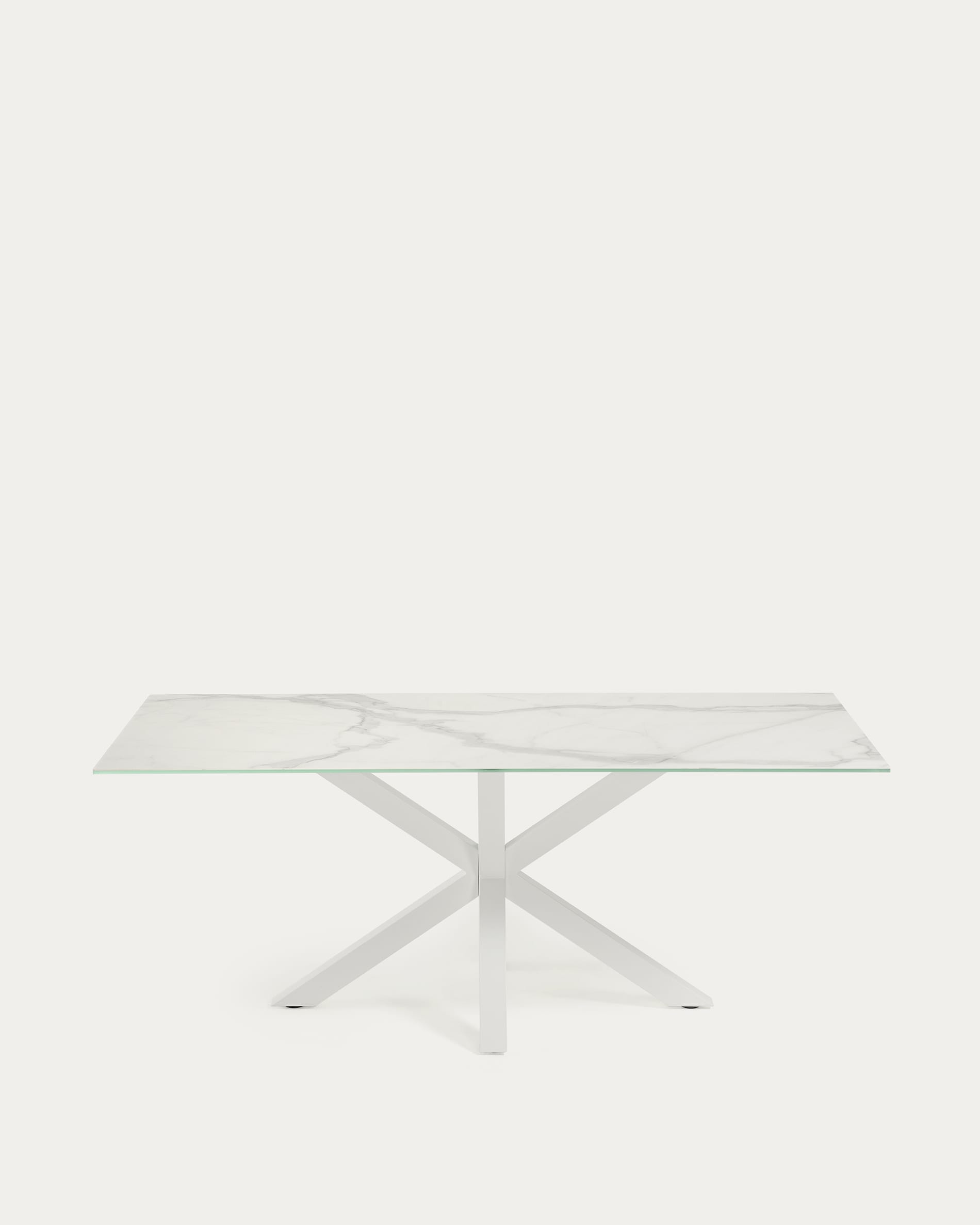 Eleganter Tisch Argo: Weisses Kalos-Porzellan, stabile Stahlbeine, 200x100 cm. Perfekt für stilvolle Zusammenkünfte.