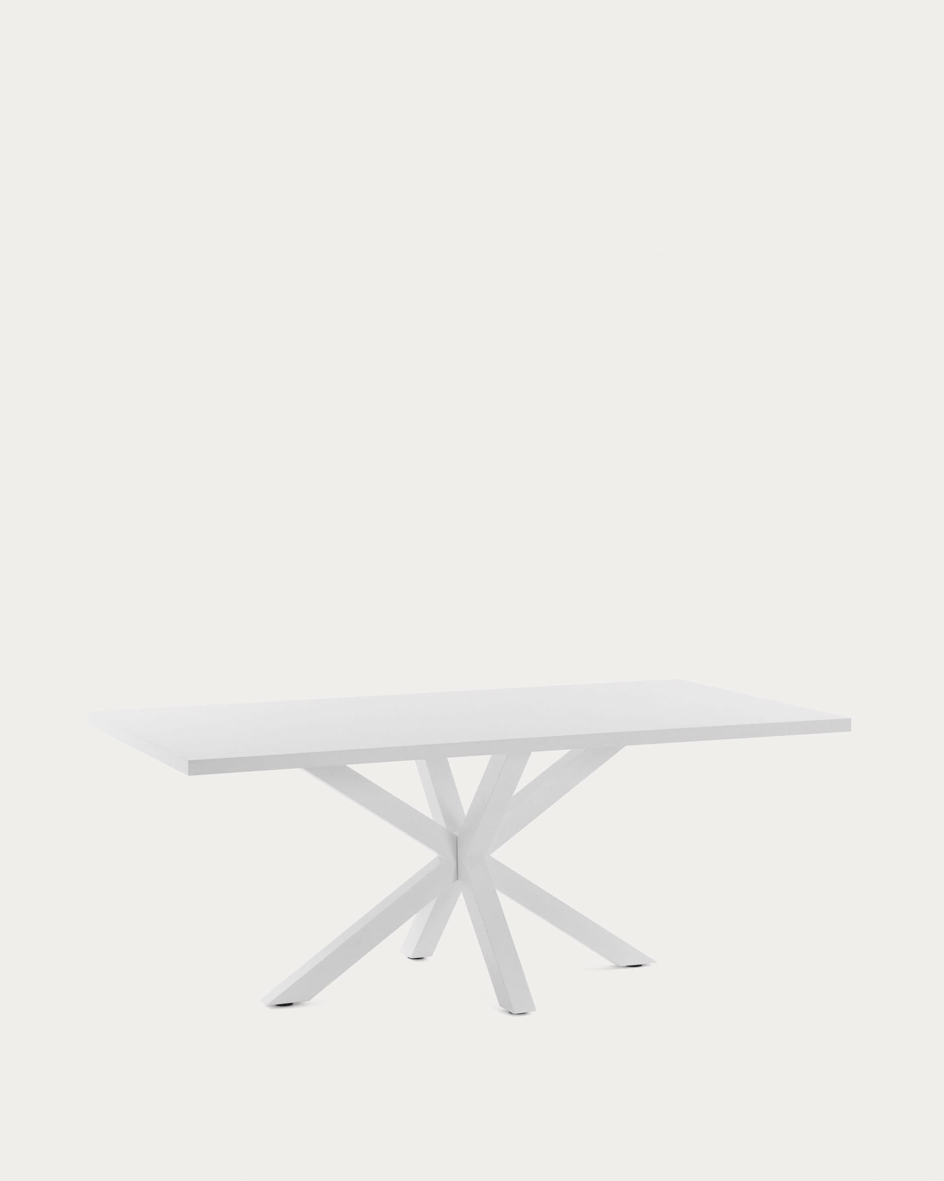 Eleganter Tisch Argo: Weisse Melaminplatte, robuste Stahlbeine, Masse 200x100 cm, perfekt für moderne Wohn- und Esszimmer.