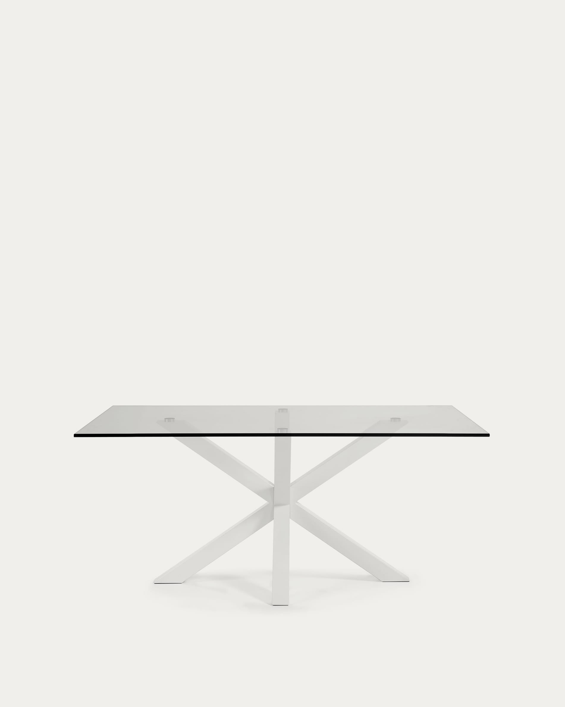 Moderner Argo Tisch mit klarer Glasplatte und weissen Stahlbeinen, 180x100 cm, ideal für stilvolle Wohn- und Essbereiche.