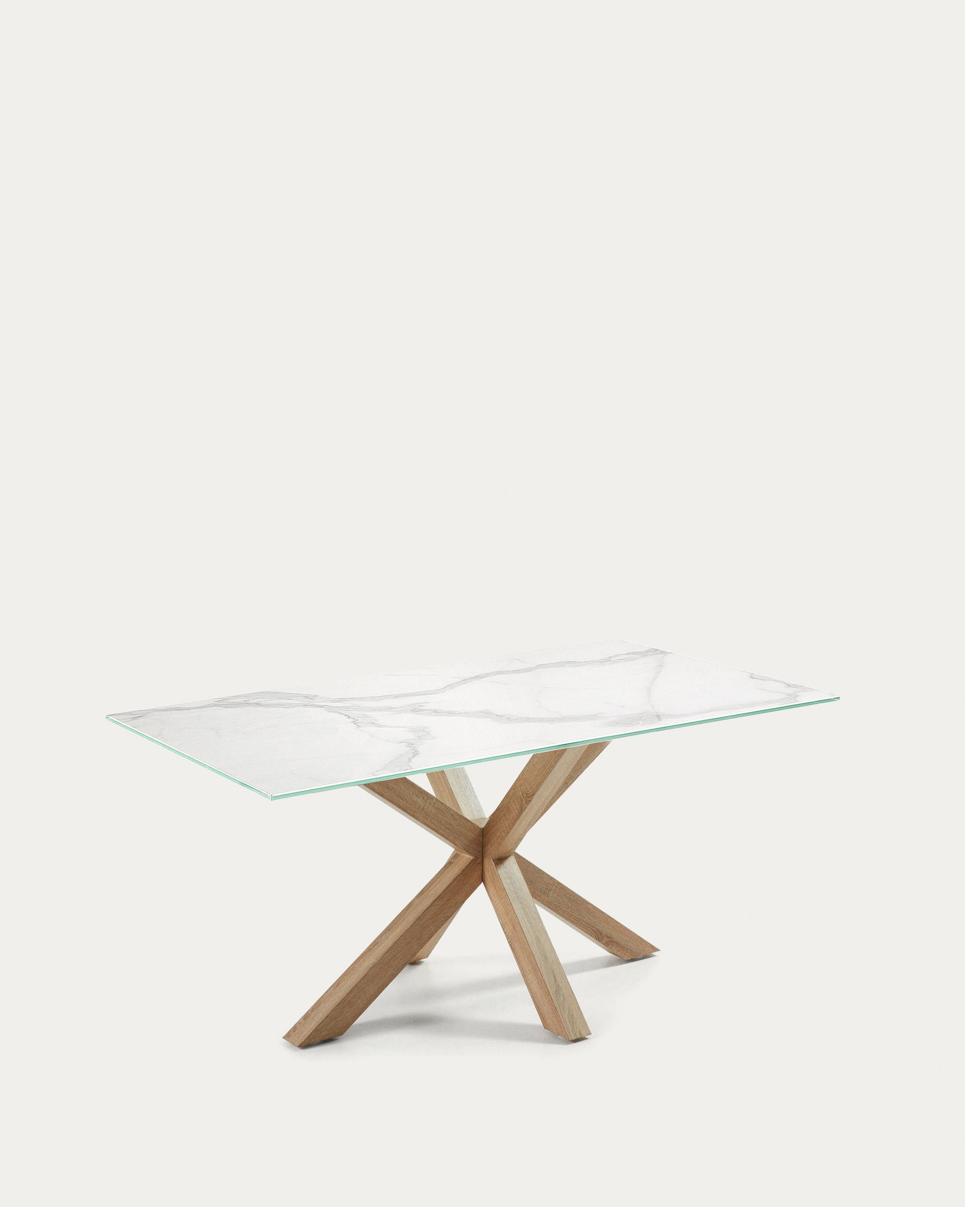 Der Argo Tisch vereint zeitlose Eleganz mit Funktionalität: weisse Kalos-Porzellanplatte, Stahlbeine in Holzoptik, 180x100 cm.