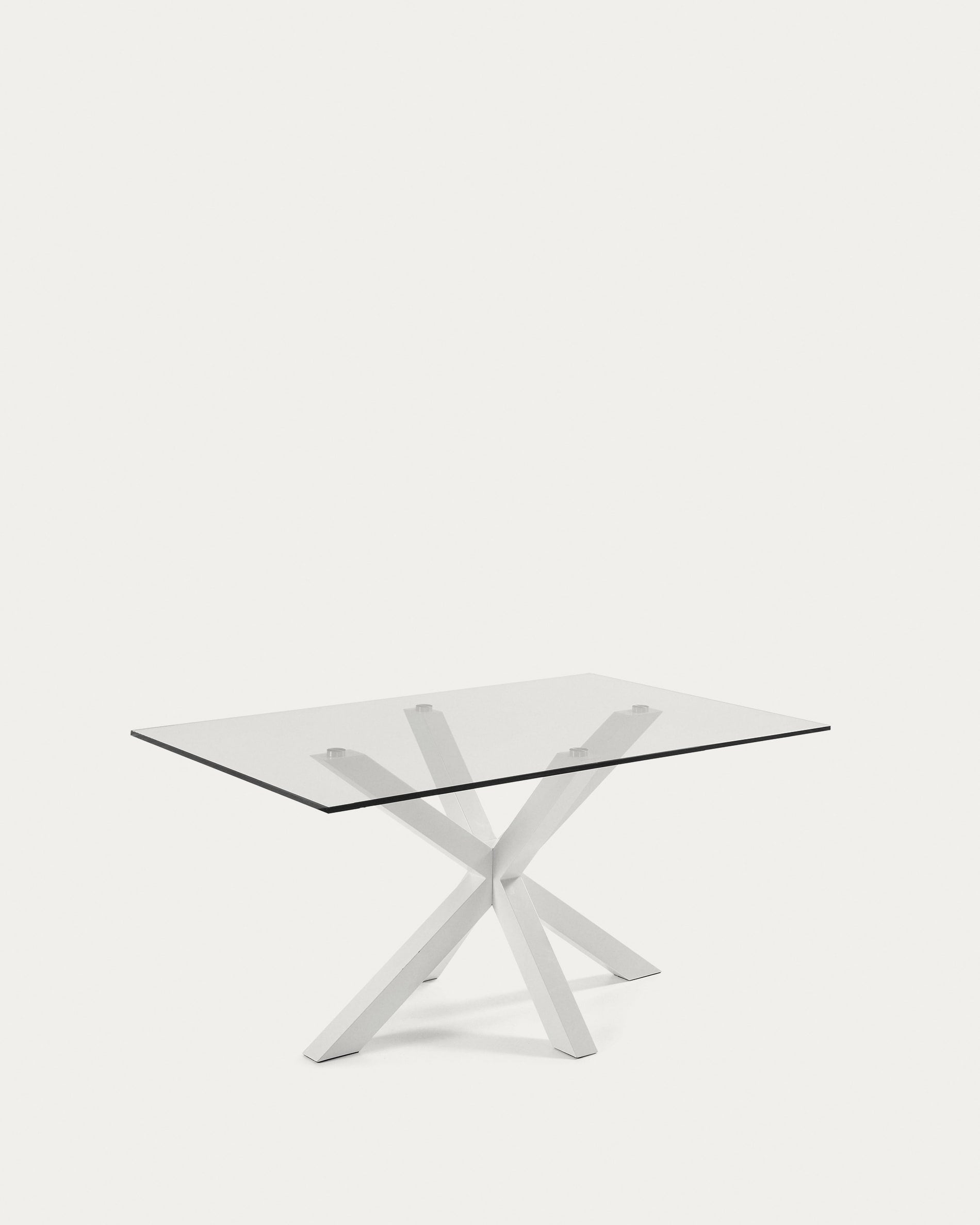 Eleganter Argo Tisch mit Glasplatte und weissen Stahlbeinen, 160x90 cm, perfekt für moderne Wohn- und Esszimmer.