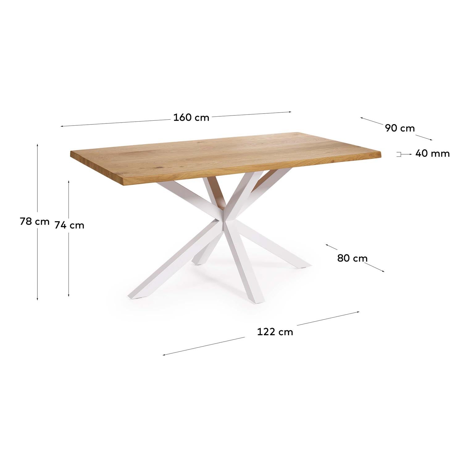 Erleben Sie den Argo Esstisch von Kave Home: 160 x 90 cm, mit edlem Eichenfurnier und modernen weißen Stahlbeinen – perfekt für besondere Anlässe.