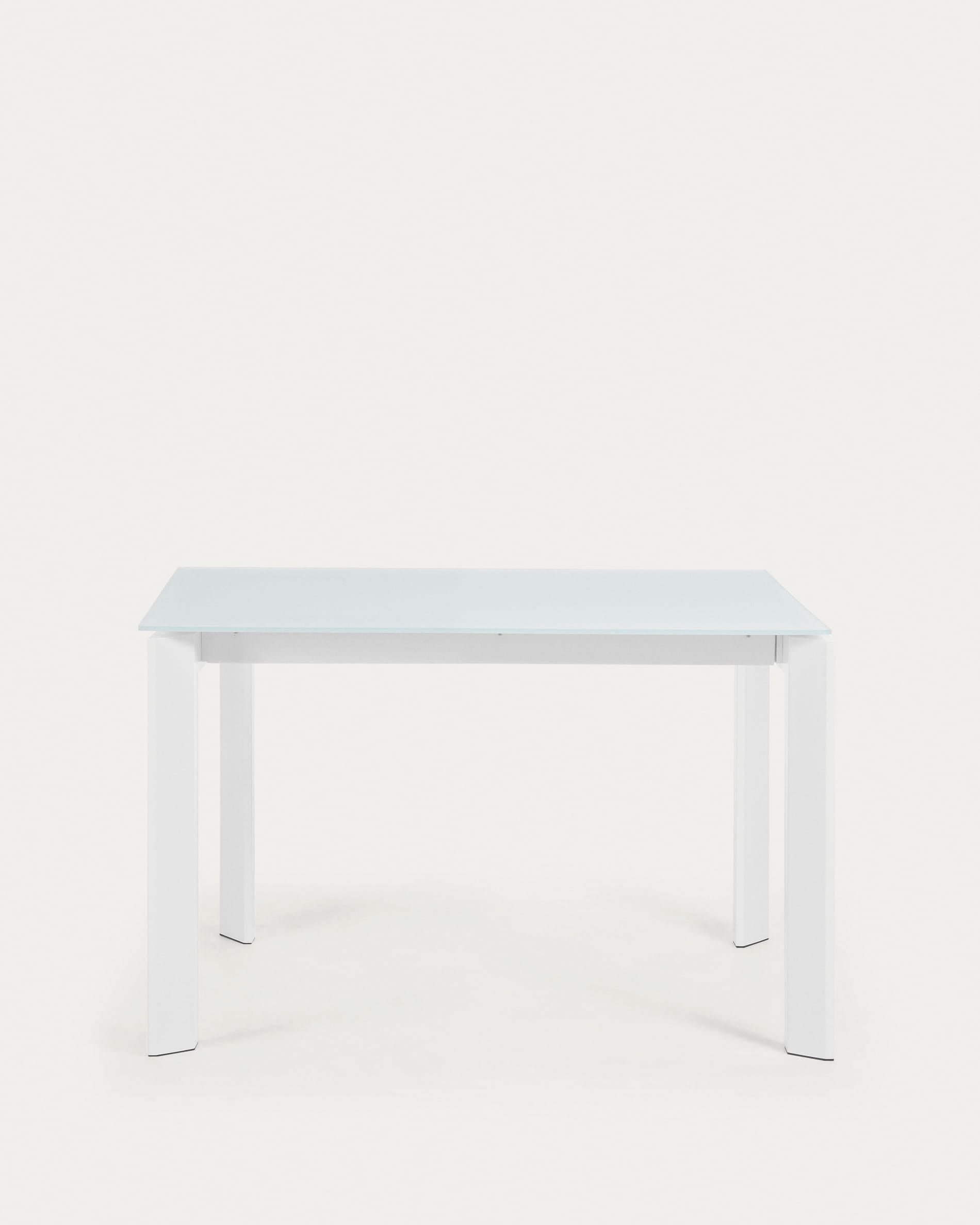 Moderner Axis Ausziehtisch mit weisser Glasplatte und Stahlbeinen, ausziehbar von 120 auf 180 cm, ideal für stilvolle Räume.