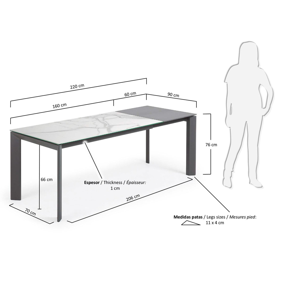Axis Ausziehtisch Feinsteinzeug mit Kalos Blanco Finish Beine in Anthrazit 160 (220) cm in Weiss, Schwarz präsentiert im Onlineshop von KAQTU Design AG. Esstisch ist von Kave Home