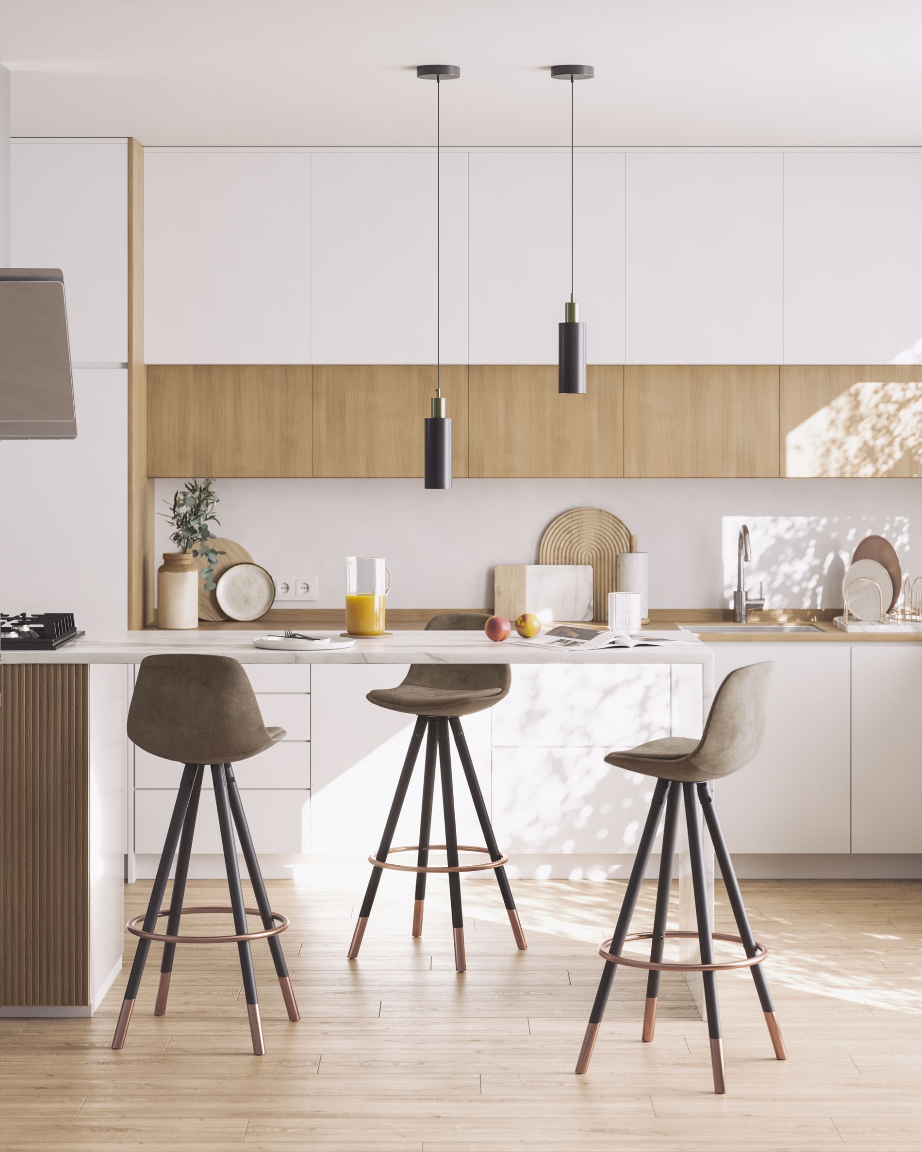 Moderner Slad Barhocker, brauner Sitz, schwarzes Buchenholzgestell, 75 cm hoch, perfekt für stilvolle Küchen und Bars.