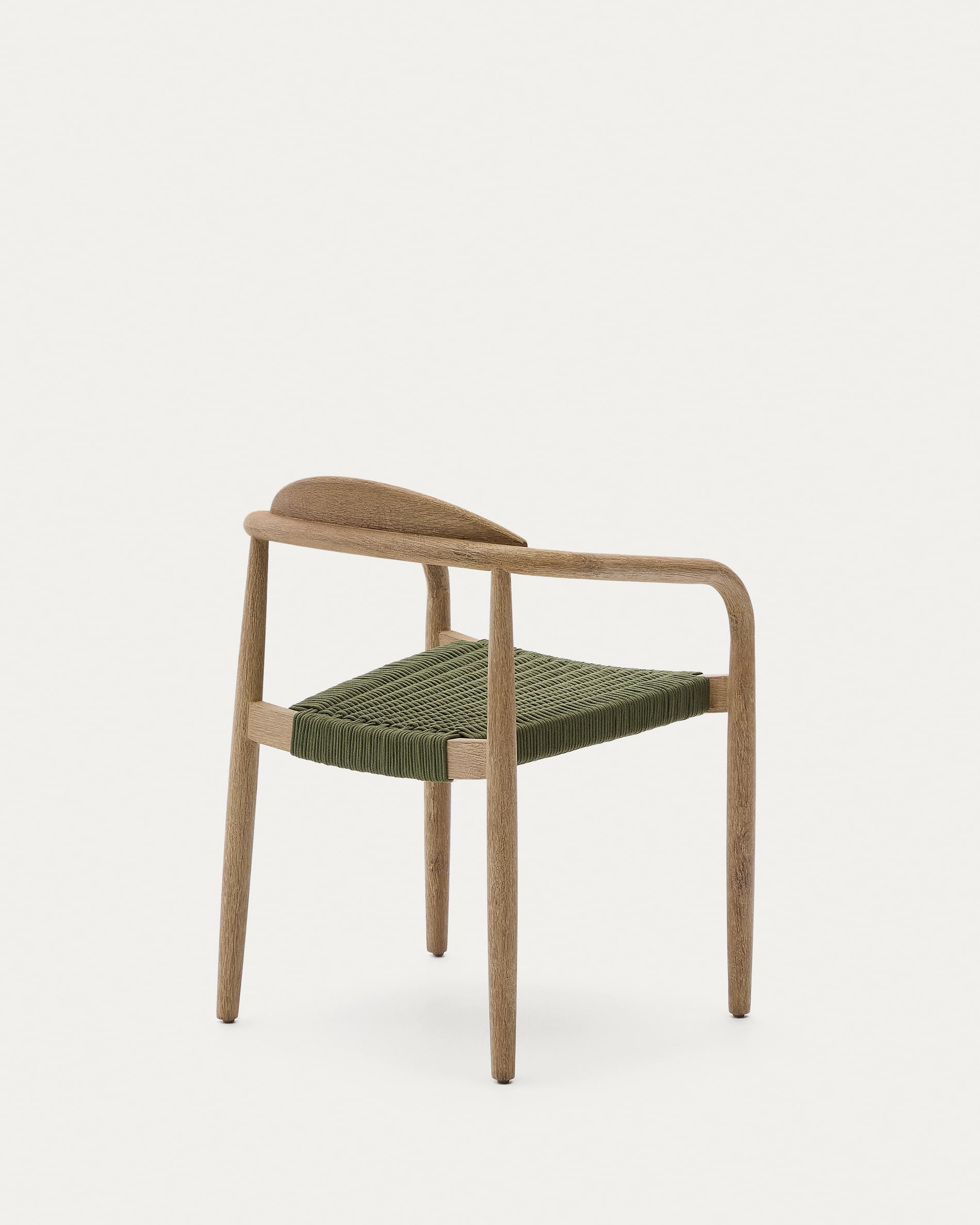 Stapelbarer Stuhl Nina aus Akazienholz und grünem Seil, FSC-zertifiziert, ideal für stilvolle und nachhaltige Einrichtung.