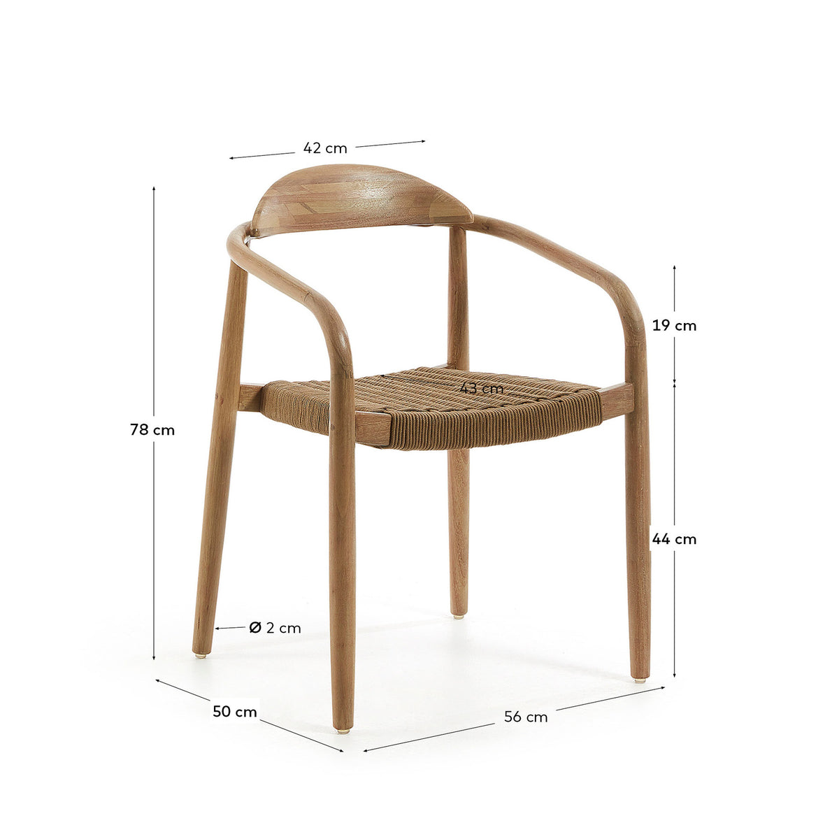 Stapelbarer Stuhl Nina aus massivem Akazienholz und beigem Seil FSC 100% in Beige, Natur präsentiert im Onlineshop von KAQTU Design AG. Gartenstuhl mit Armlehnen ist von Kave Home