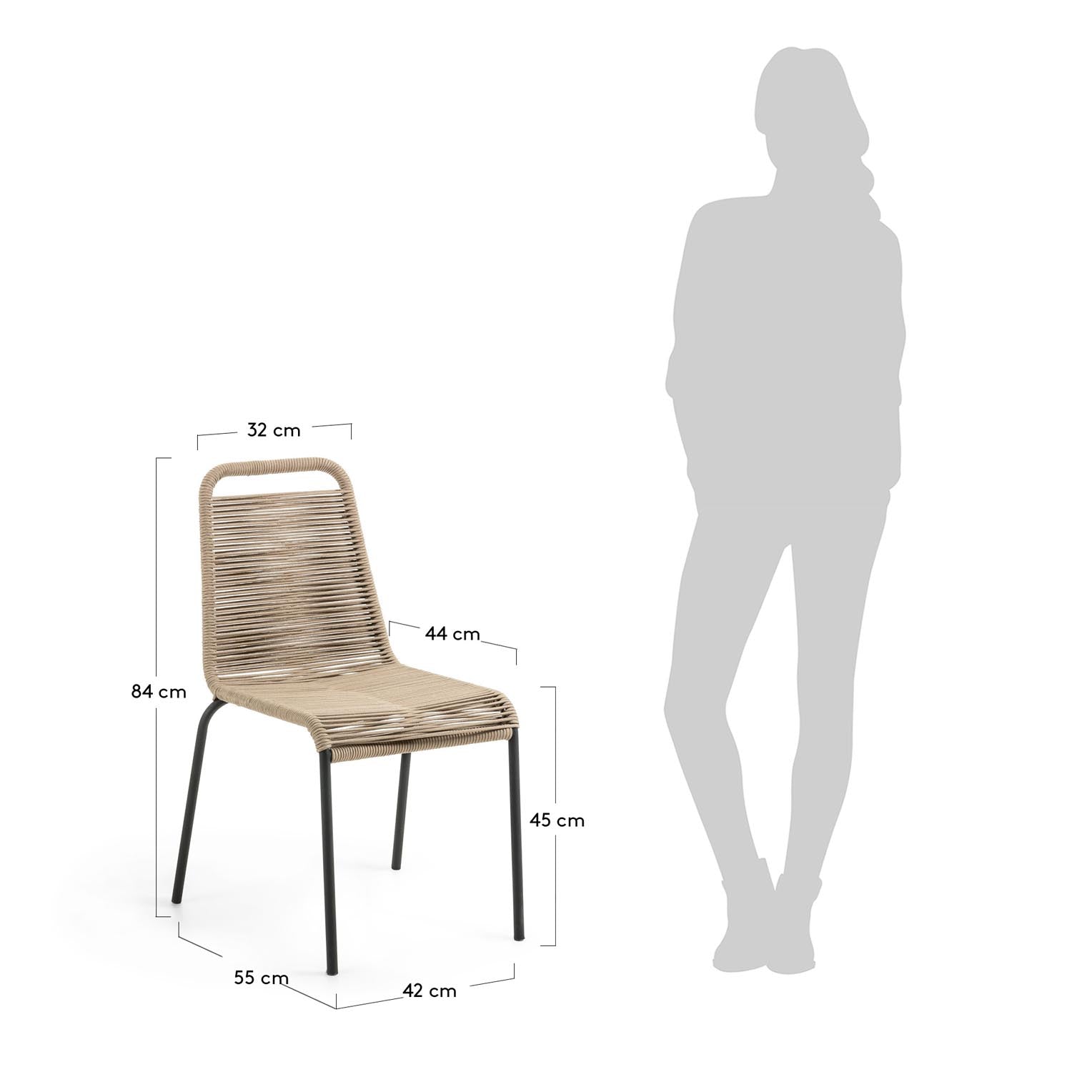Stapelbarer Lambton Stuhl: Robuster Stahl, braunes Seil, modernes schwarzes Finish. Wetterfest, ergonomisch, ideal für Garten & Terrasse.