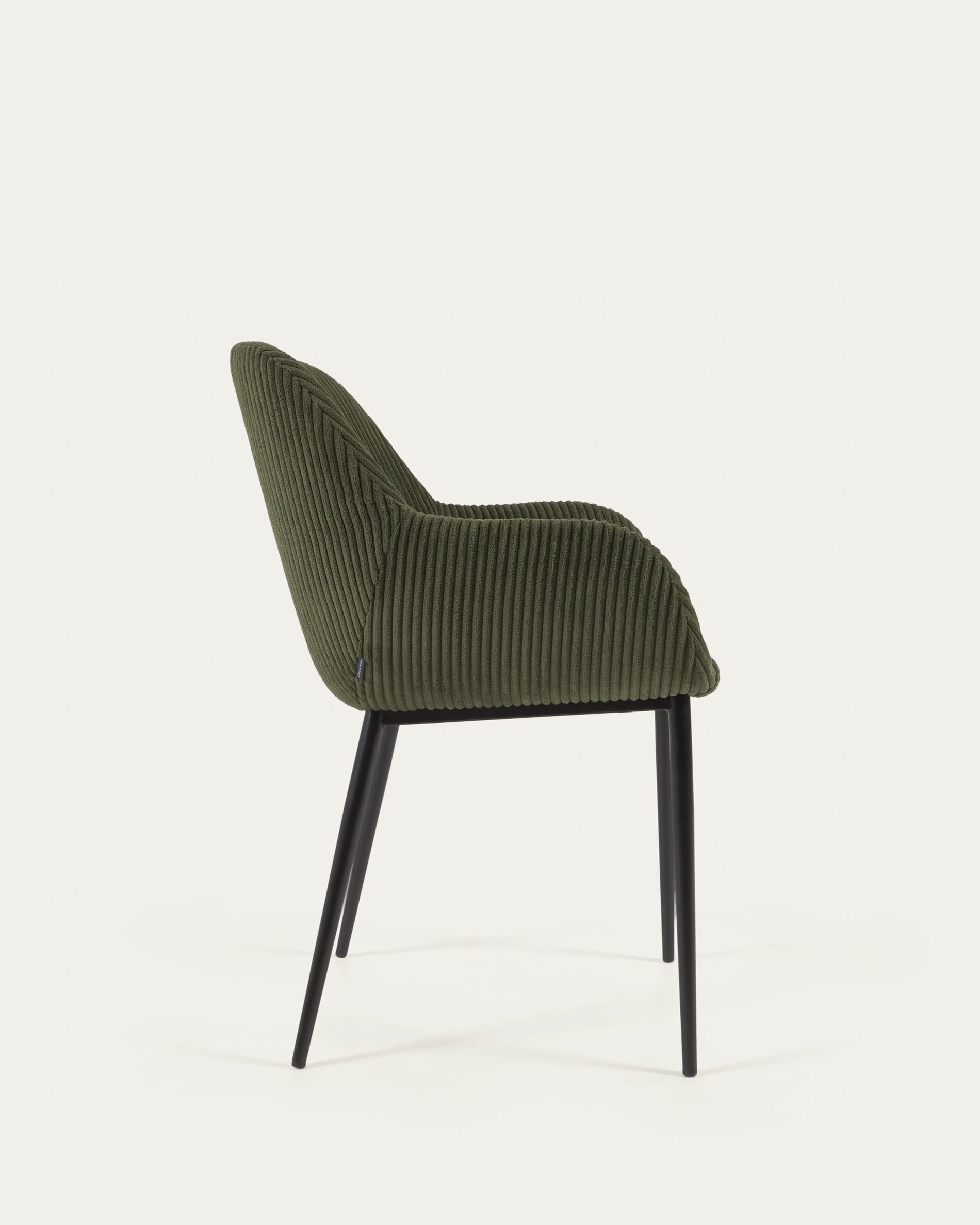 Eleganter Konna Stuhl: Dunkelgrüner Cord trifft auf schwarze Stahlbeine.