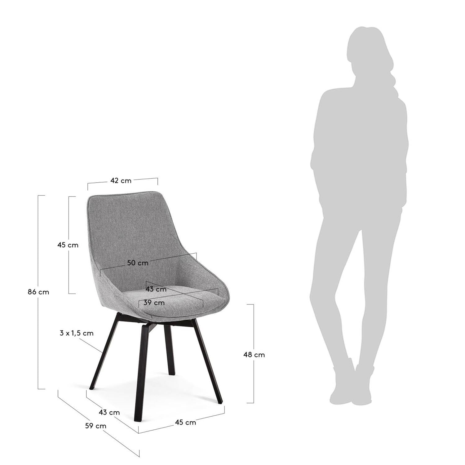 Eleganter Jenna Drehstuhl in hellgrau mit robusten Stahlbeinen in Schwarz. Ideal für Esszimmer und Home Office, vereint Komfort und modernes Design.