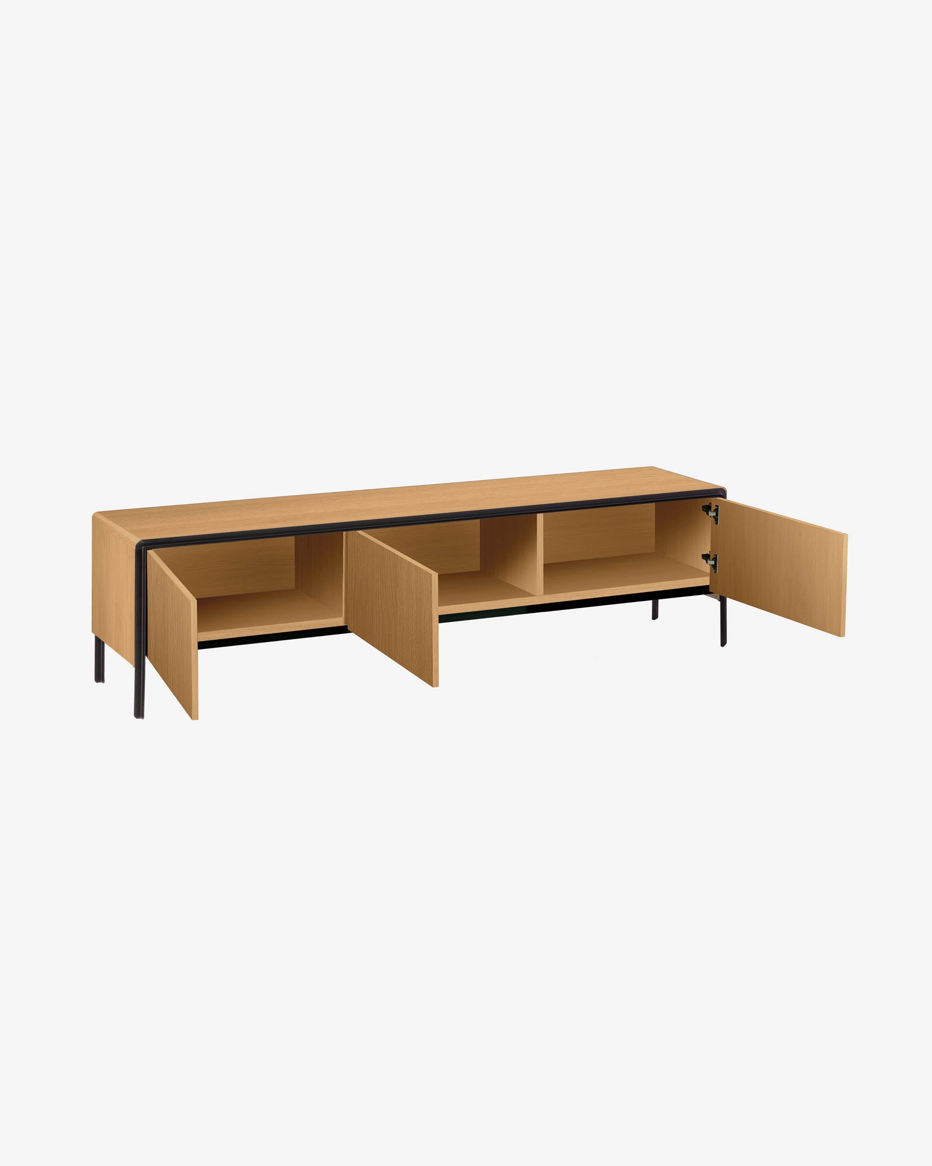 Nadyria TV-Schrank 3 Türen Eichenfurnier und Stahl mit schwarzem Finish 180 x 50 cm in präsentiert im Onlineshop von KAQTU Design AG. TV-Möbel ist von Kave Home