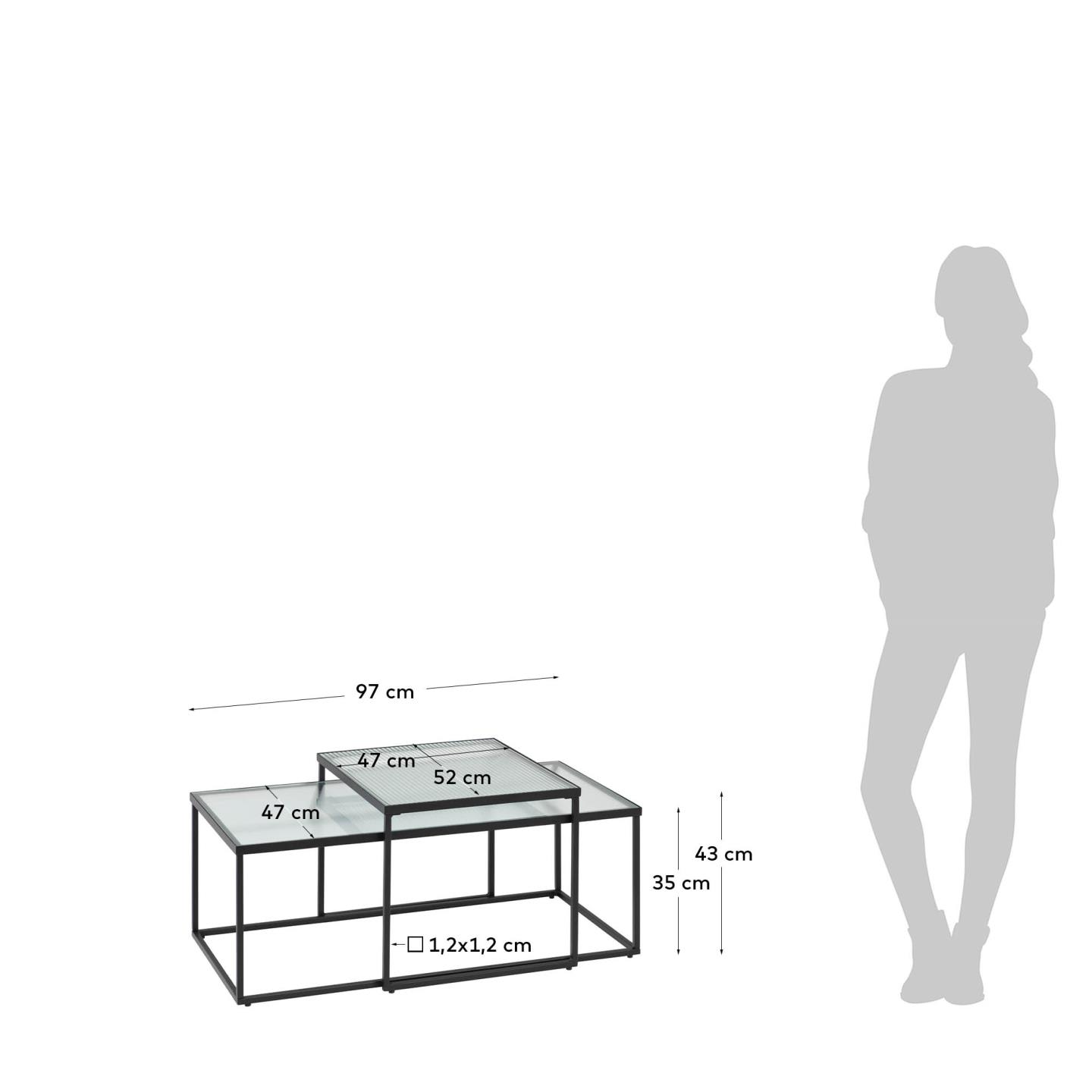 Entdecken Sie das Akemi Set aus 2 eleganten Couchtischen von Kave Home. Ideal für moderne Wohnzimmer, robustes Glas und vielseitig einsetzbar.