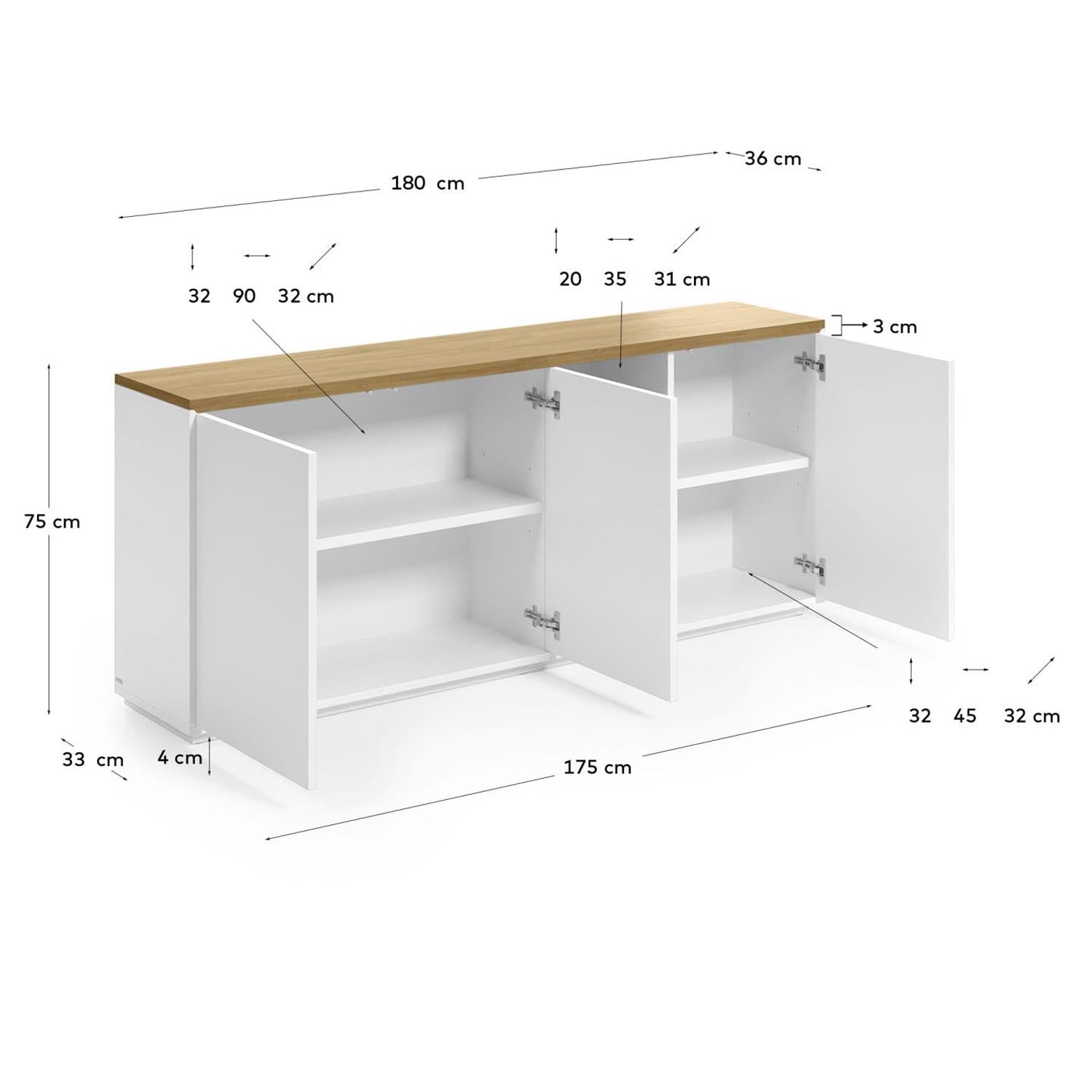 Elegantes Abilen Sideboard von Kave Home, 3 Türen aus Eichenfurnier und weißem Lack, ideal für modernen Stauraum und stilvolle Einrichtung.
