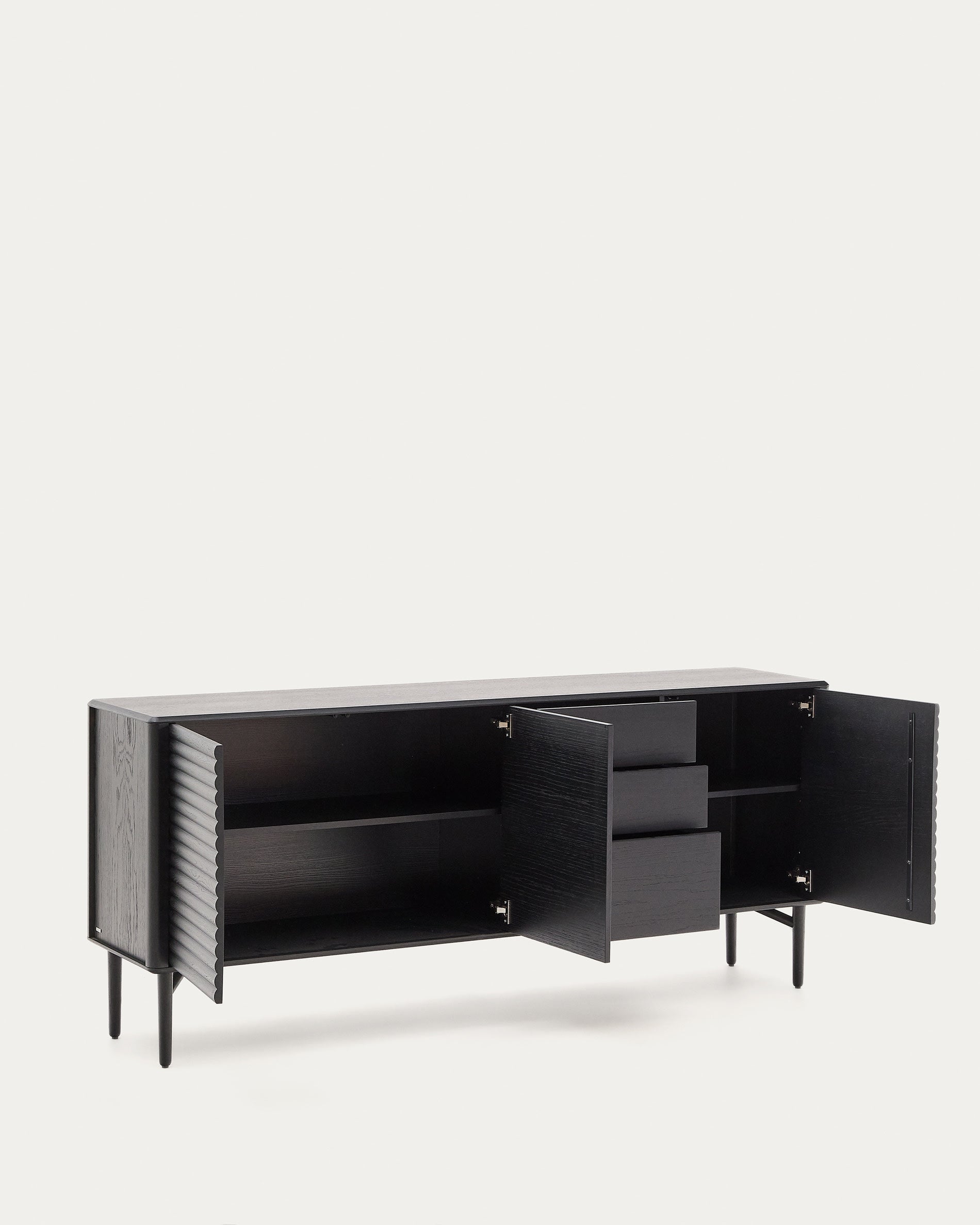 Elegantes Highboard Lenon aus Eiche, schwarz, mit 3 Türen, 3 Schubladen, FSC-zertifiziert, 200x86cm, massiv und furniert.