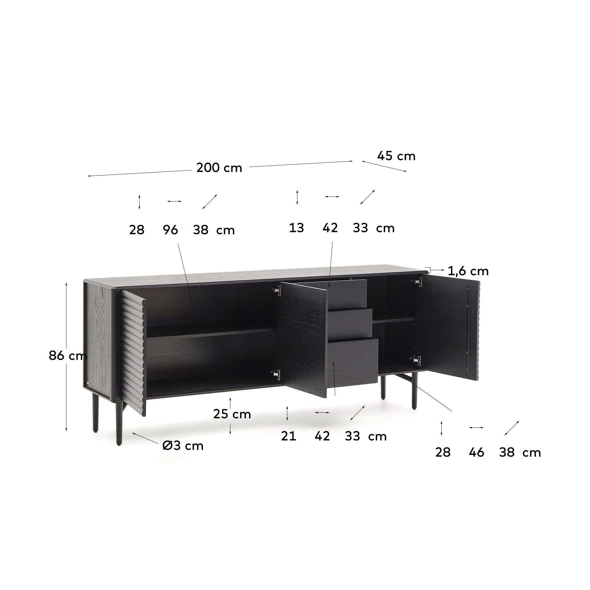 Hochwertiges Highboard Lenon aus Eiche, 200x86cm, mit 3 Türen und 3 Schubladen. Stilvolles Design trifft auf nachhaltige Materialien.