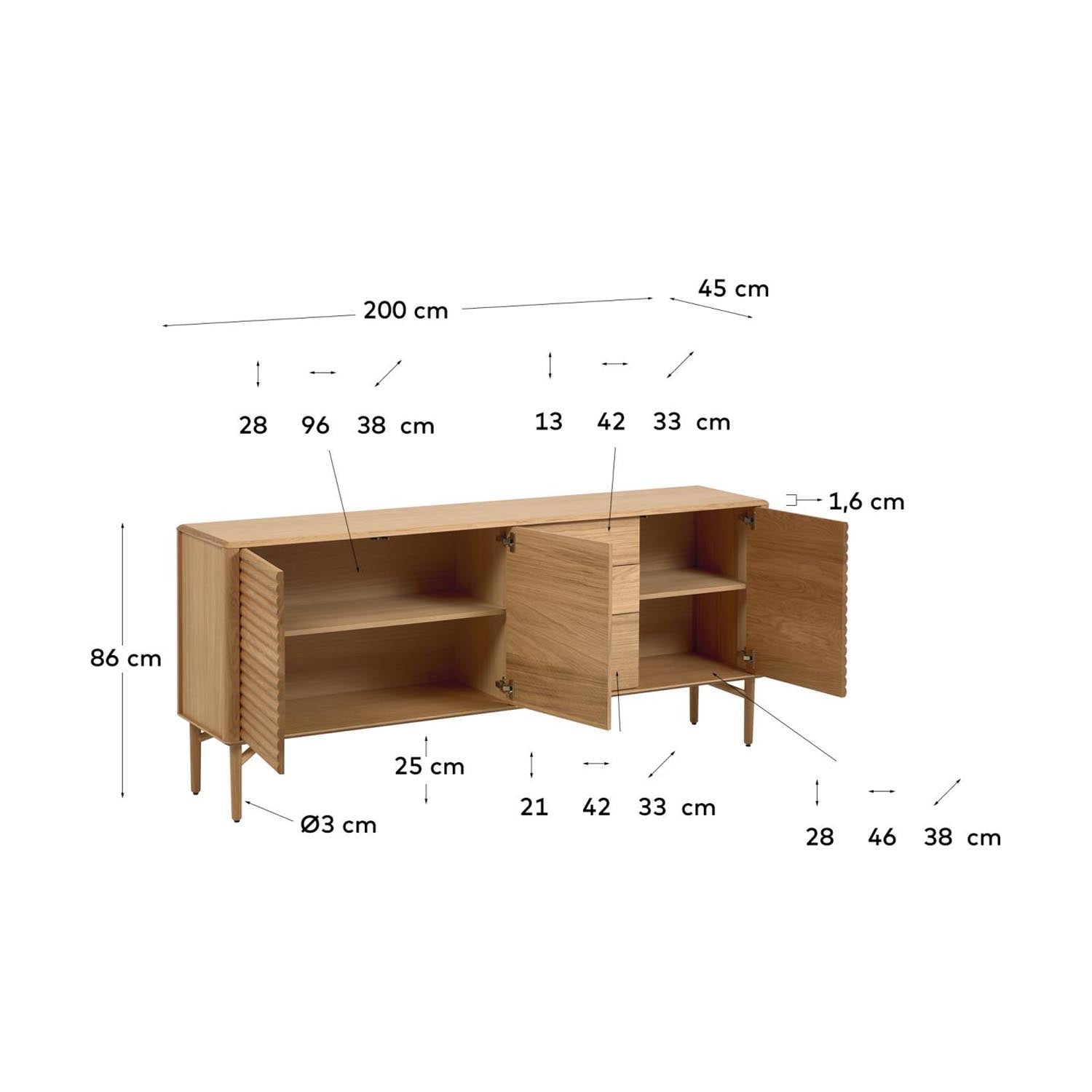 Stilvolles Lenon Sideboard von Kave Home, 200 x 86 cm, aus Eichenholz und -furnier, bietet viel Stauraum und natürliche Eleganz.