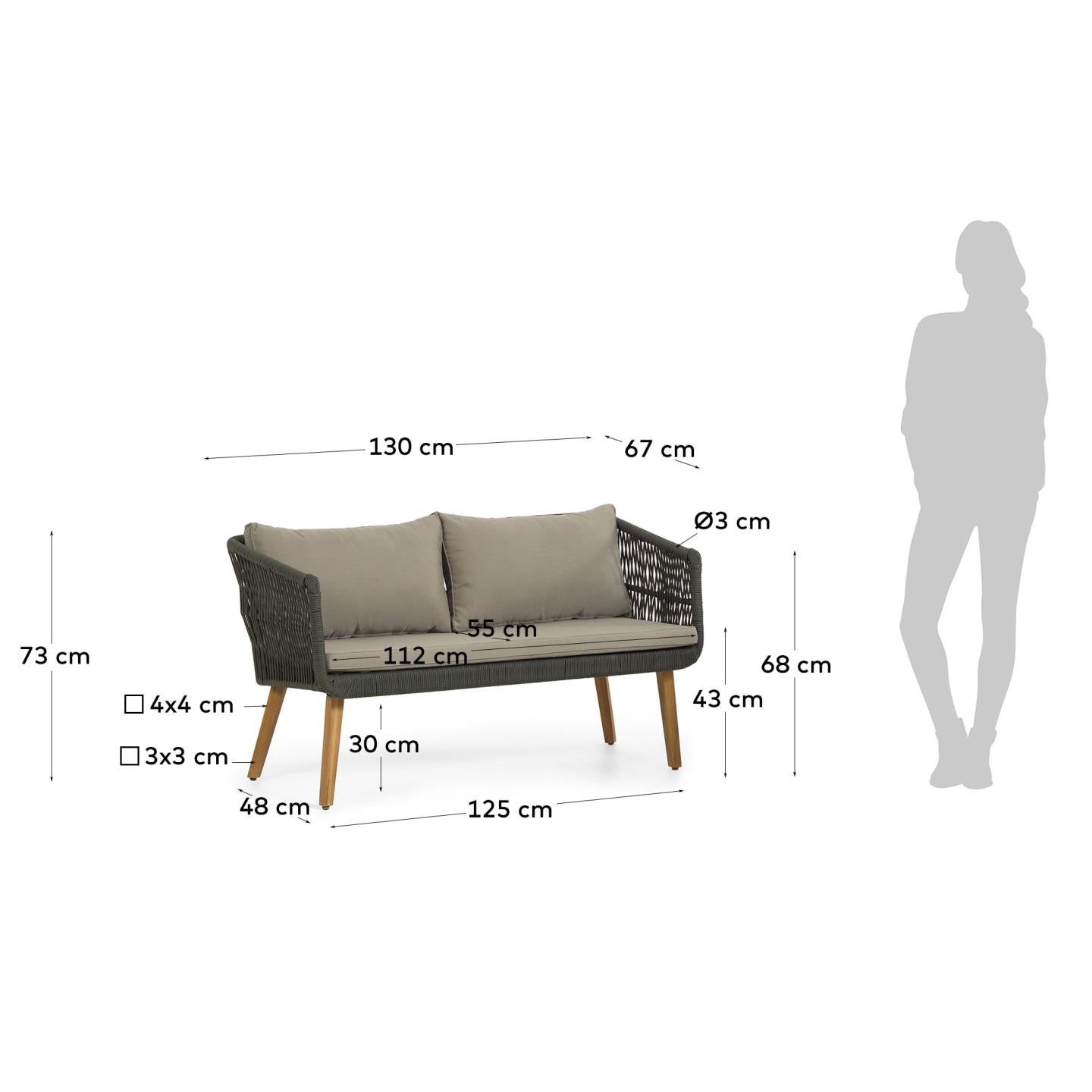 Stilvolles Inti-Set: 2-Sitzer Sofa und 2 Stühle mit grünem Seil, robustem Aluminium und FSC-zertifiziertem Holz. Perfekt für Garten und Lounge.