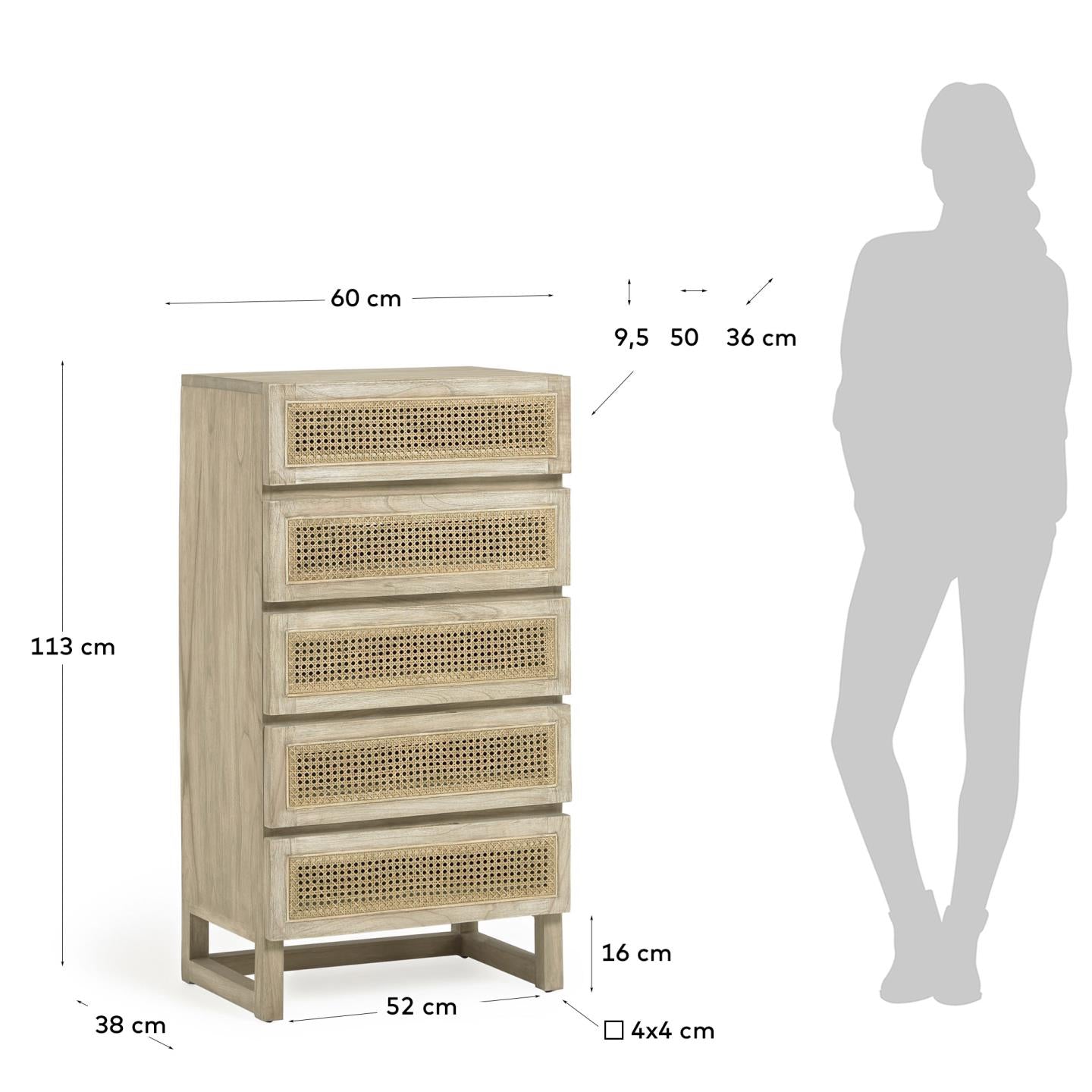 Die Rexit Kommode von Kave Home vereint elegantes Design mit Funktionalität. Fünf geräumige Schubladen aus Mindi-Holz und Rattan bieten stilvollen Stauraum.