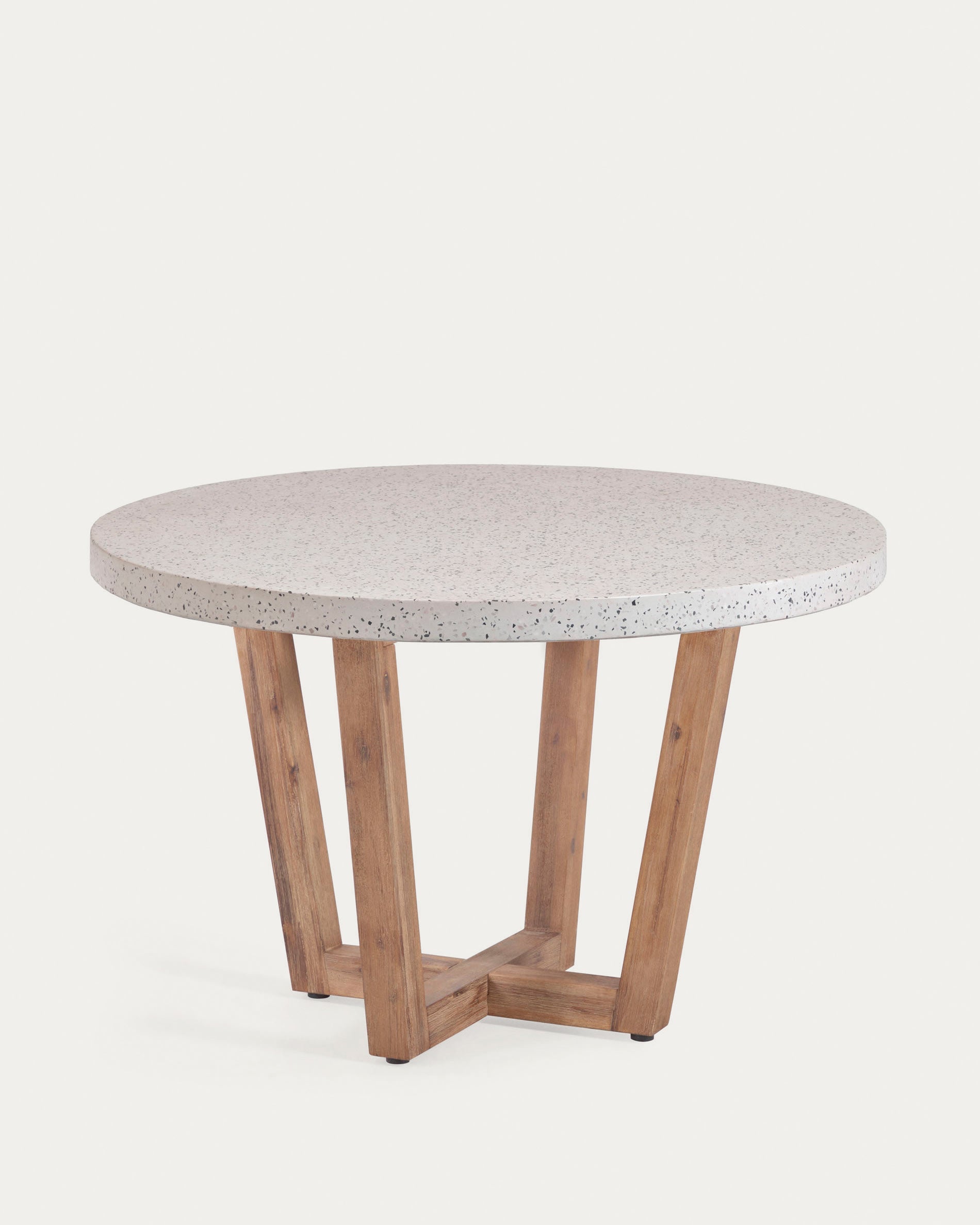 3D-Modell: Runder Tisch aus weißem Terrazzo & Akazienholz, Ø 120 cm, elegant & robust für stilvolle Outdoor-Momente.