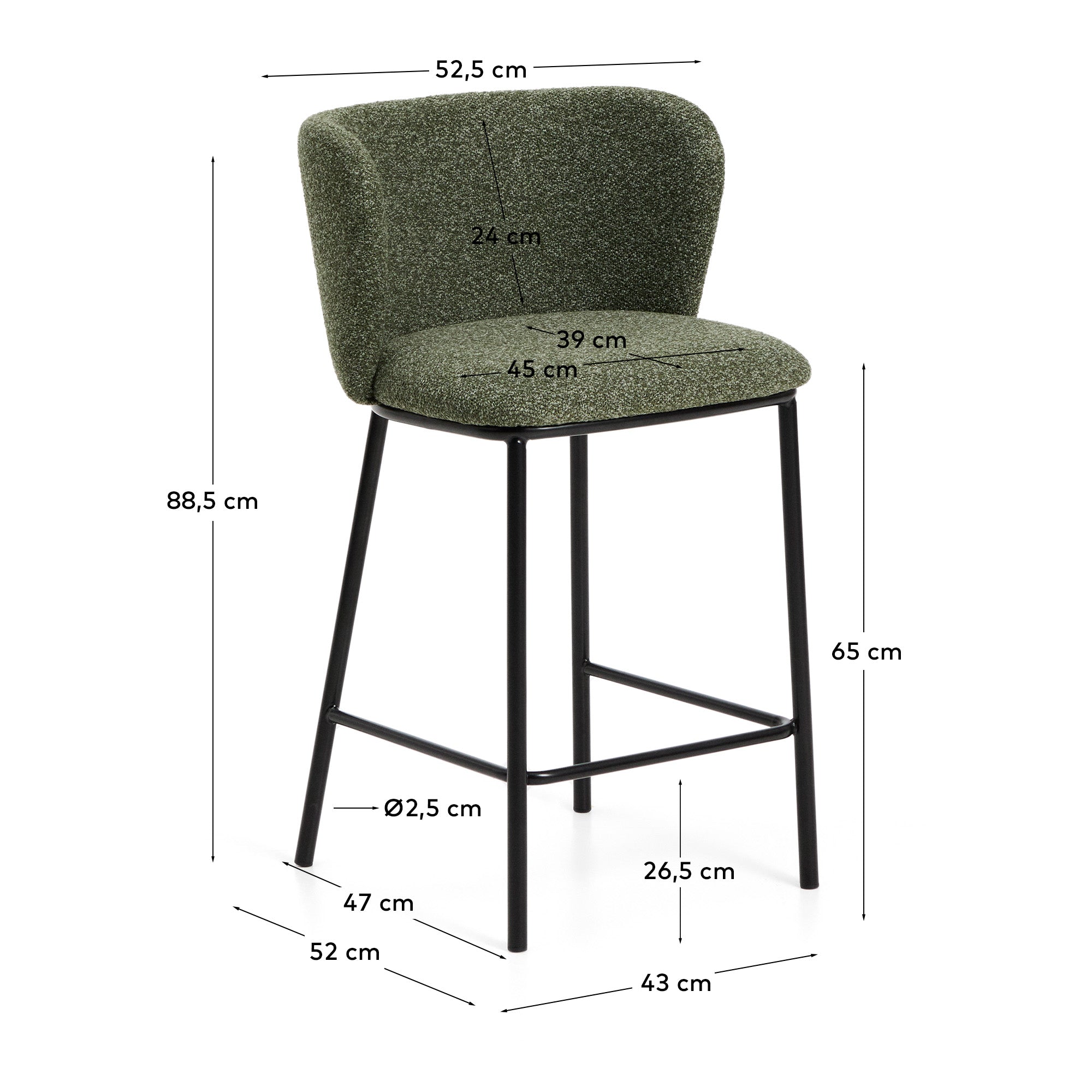 Hocker Ciselia in dicker, dunkelgrüner Chenille mit Stahlbeinen mit schwarzem Finish, FSC Mix Credit, 65 cm in Dunkelgrün präsentiert im Onlineshop von KAQTU Design AG. Barstuhl ist von Kave Home