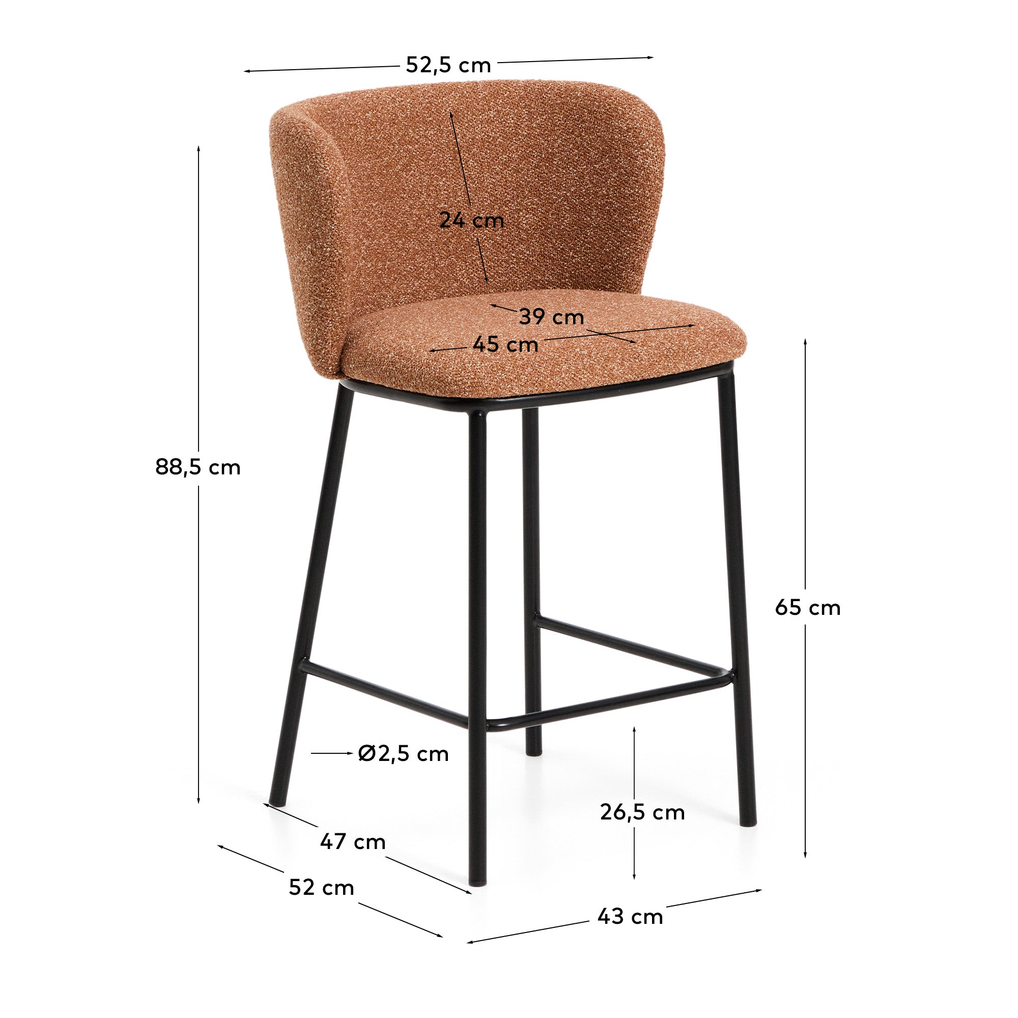 Hocker Ciselia in dicker, terrakottafarbener Chenille mit Stahlbeinen mit schwarzem Finish, FSC Mix Credit, 65 cm in Terrakotta präsentiert im Onlineshop von KAQTU Design AG. Barstuhl ist von Kave Home