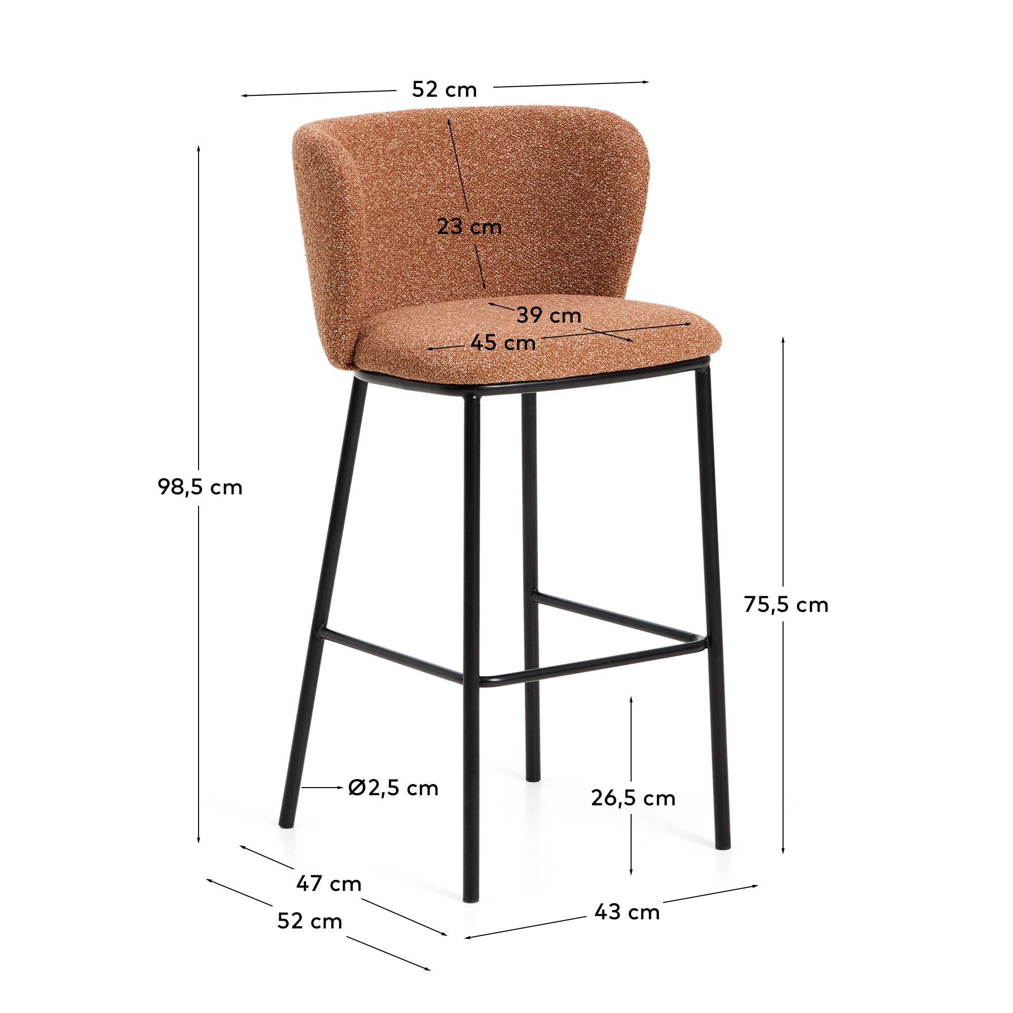 Hocker Ciselia in dicker, terrakottafarbener Chenille mit Stahlbeinen mit schwarzem Finish, FSC Mix Credit, 75 cm in Terrakotta präsentiert im Onlineshop von KAQTU Design AG. Barstuhl ist von Kave Home