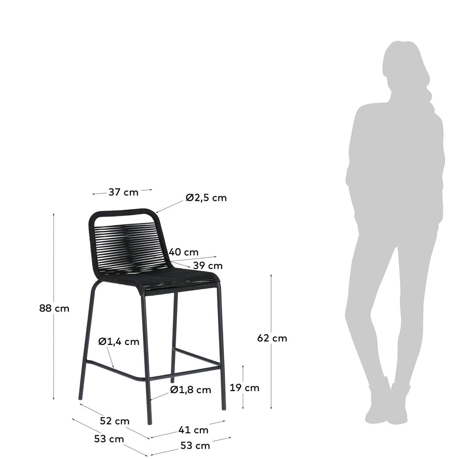 Stilvoller, stapelbarer Hocker aus schwarzem Seil und Stahl, ideal für Outdoor-Bars. Wetterfest und komfortabel.