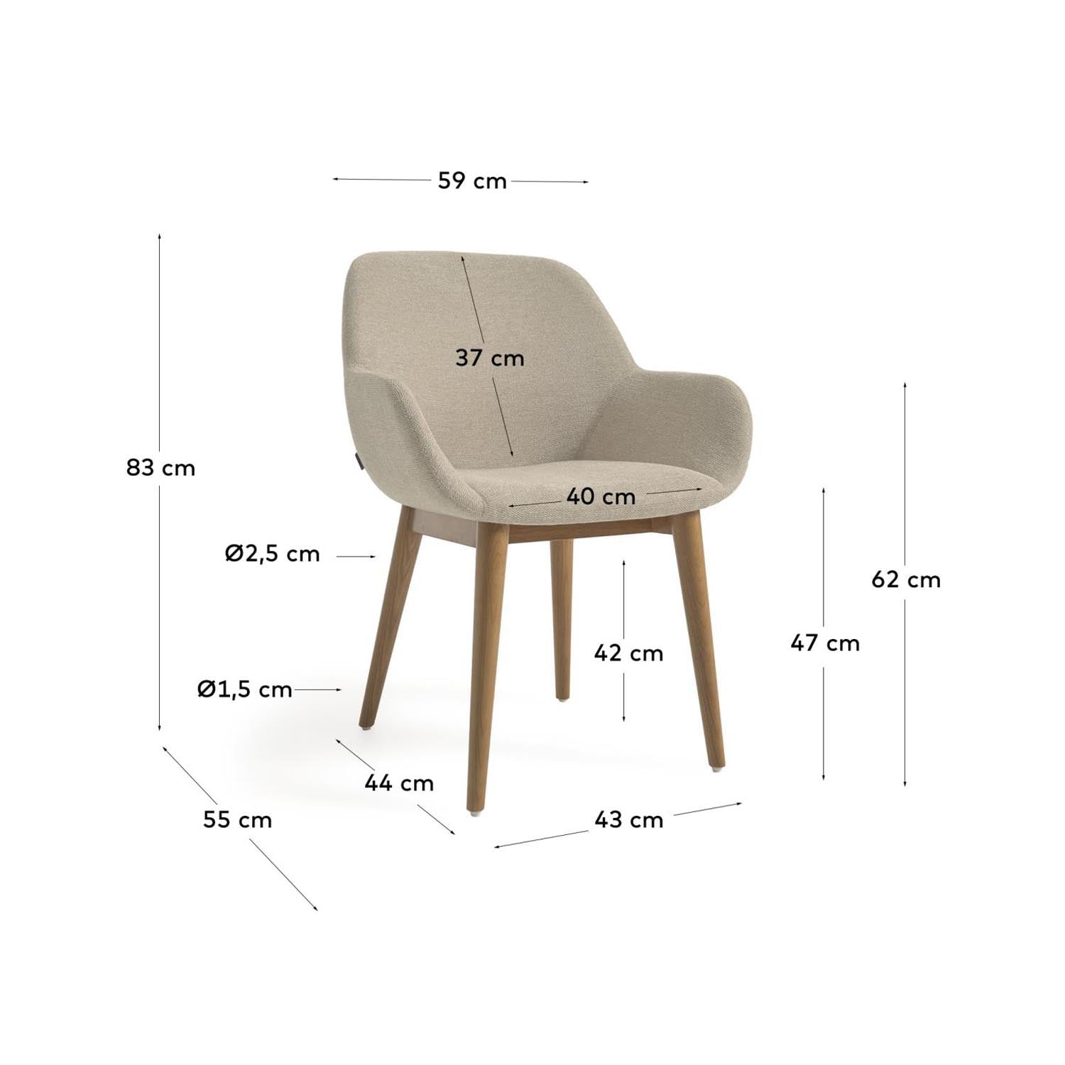 Stilvoller Konna Stuhl in Beige, ausgestattet mit robusten Eschenholzbeinen im dunklen Finish. Ideal für einladende Esszimmer.
