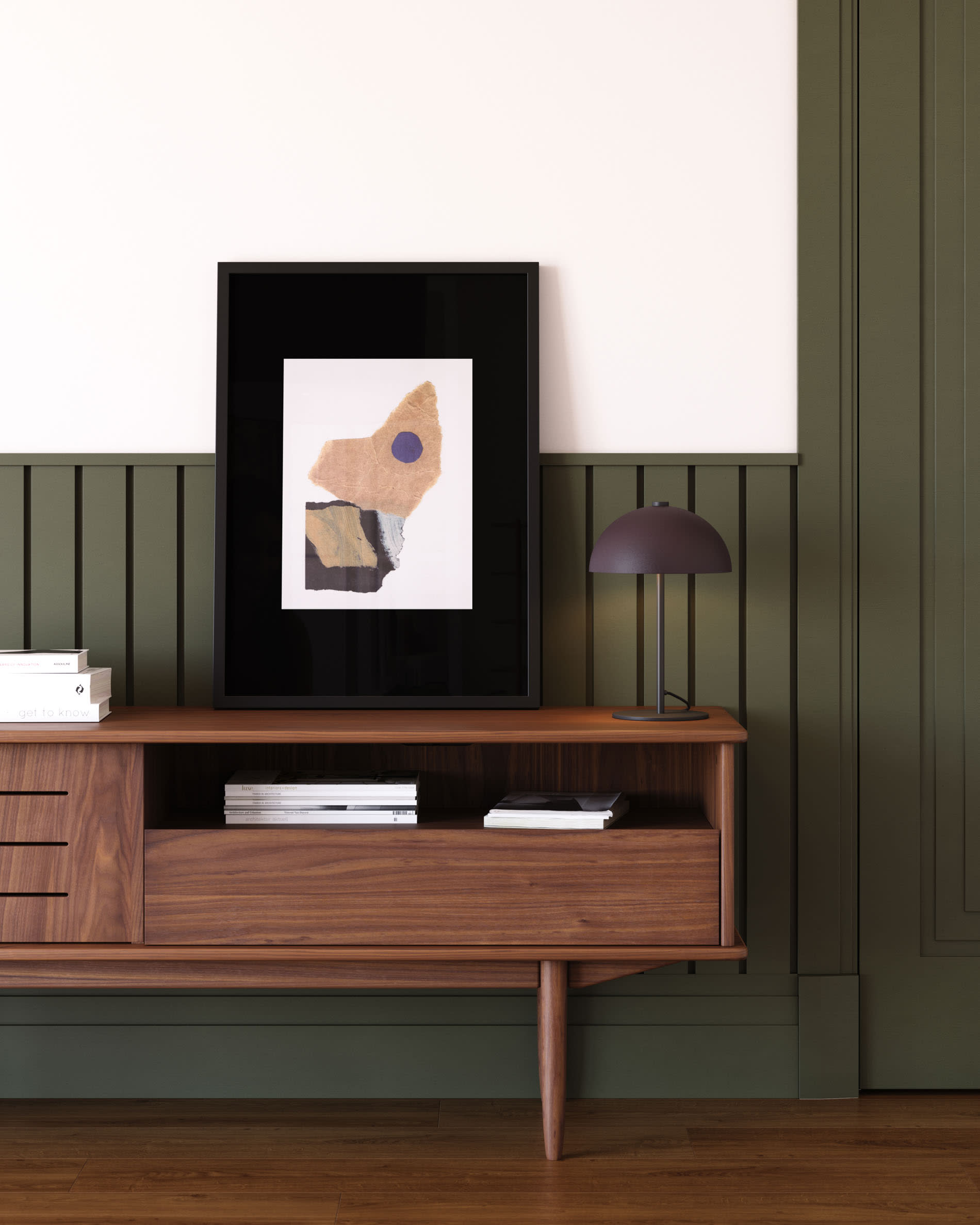 Eleganter Carolin TV-Schrank aus robustem Nussholzfurnier, 180 x 63,5 cm, mit einer Tür und Schublade – ideal für stilvolle Wohnräume.