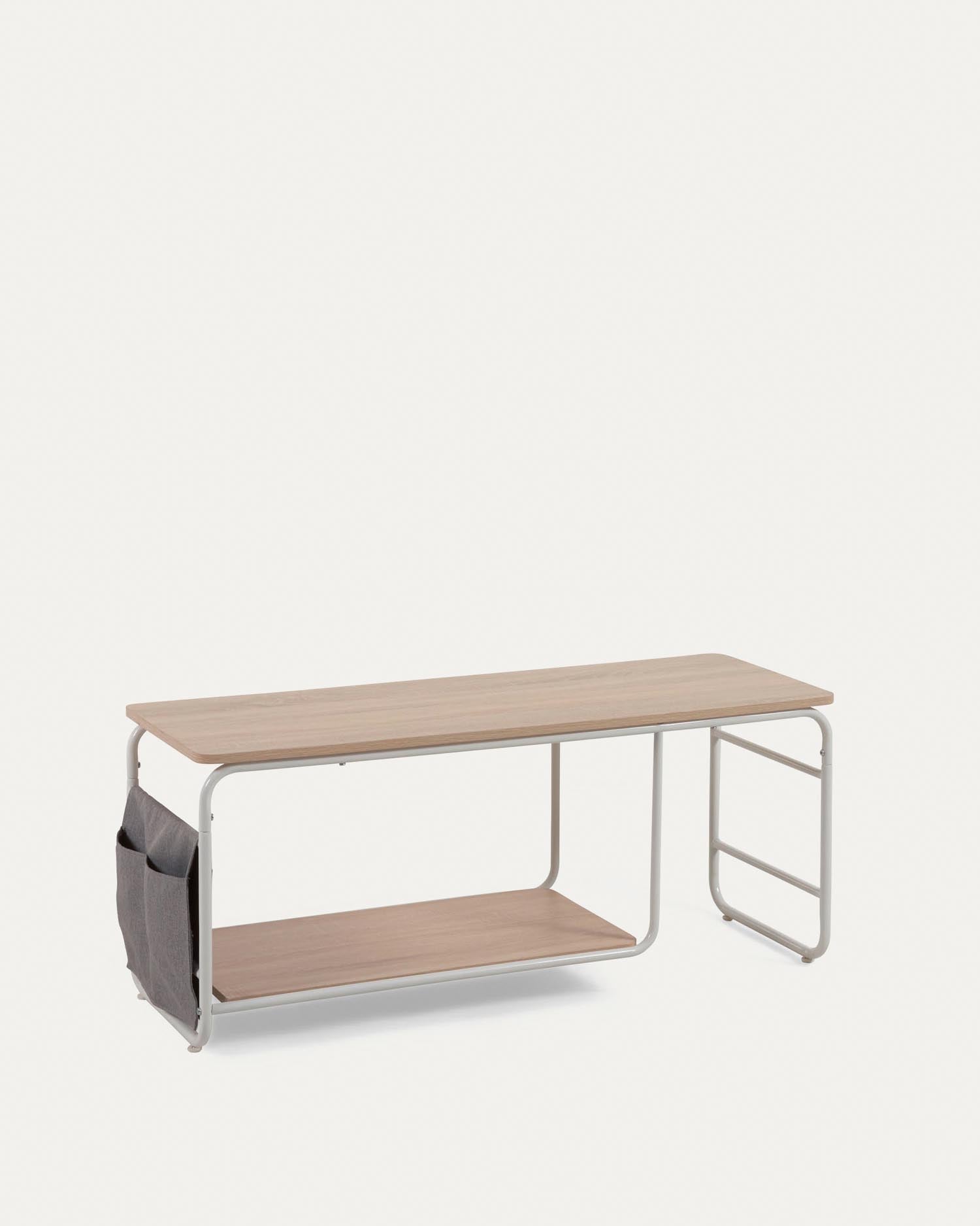 Stilvoller Yamina TV-Schrank von Kave Home: Weisses Melamin, robuster Stahlrahmen, integrierte Stofftaschen, 110x46 cm. Modern und funktional.