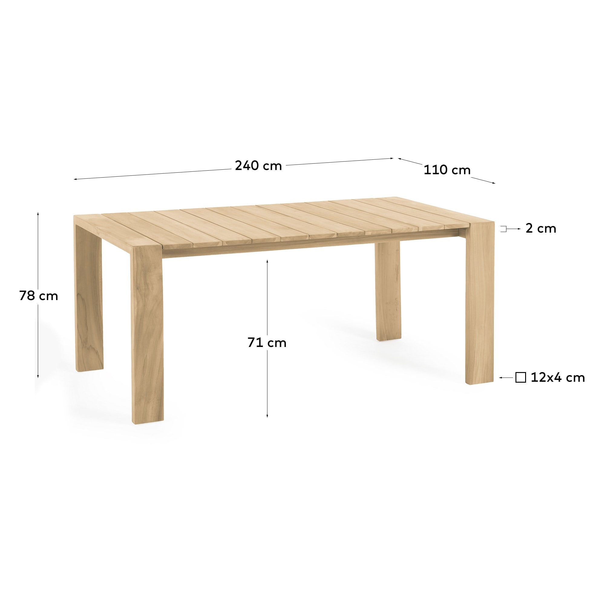 Robuster Outdoortisch aus hochwertigem Teakholz, 240 x 110 cm, von Kave Home. Ideal für elegante Außenbereiche.