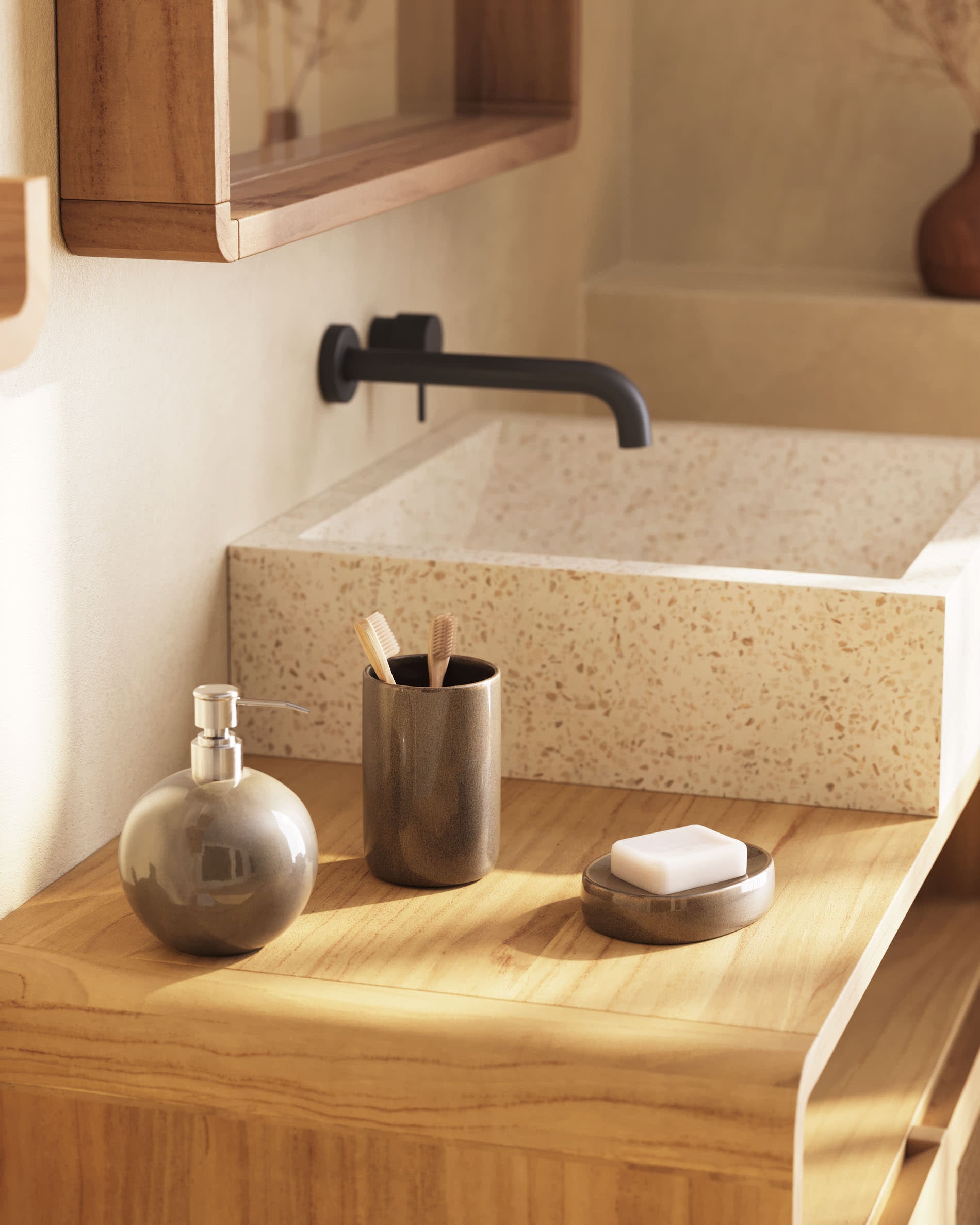 Massives Teakholz-Badmöbel von Kave Home, 86x45 cm, vereint Stil und Funktionalität für ein modernes Badezimmer.