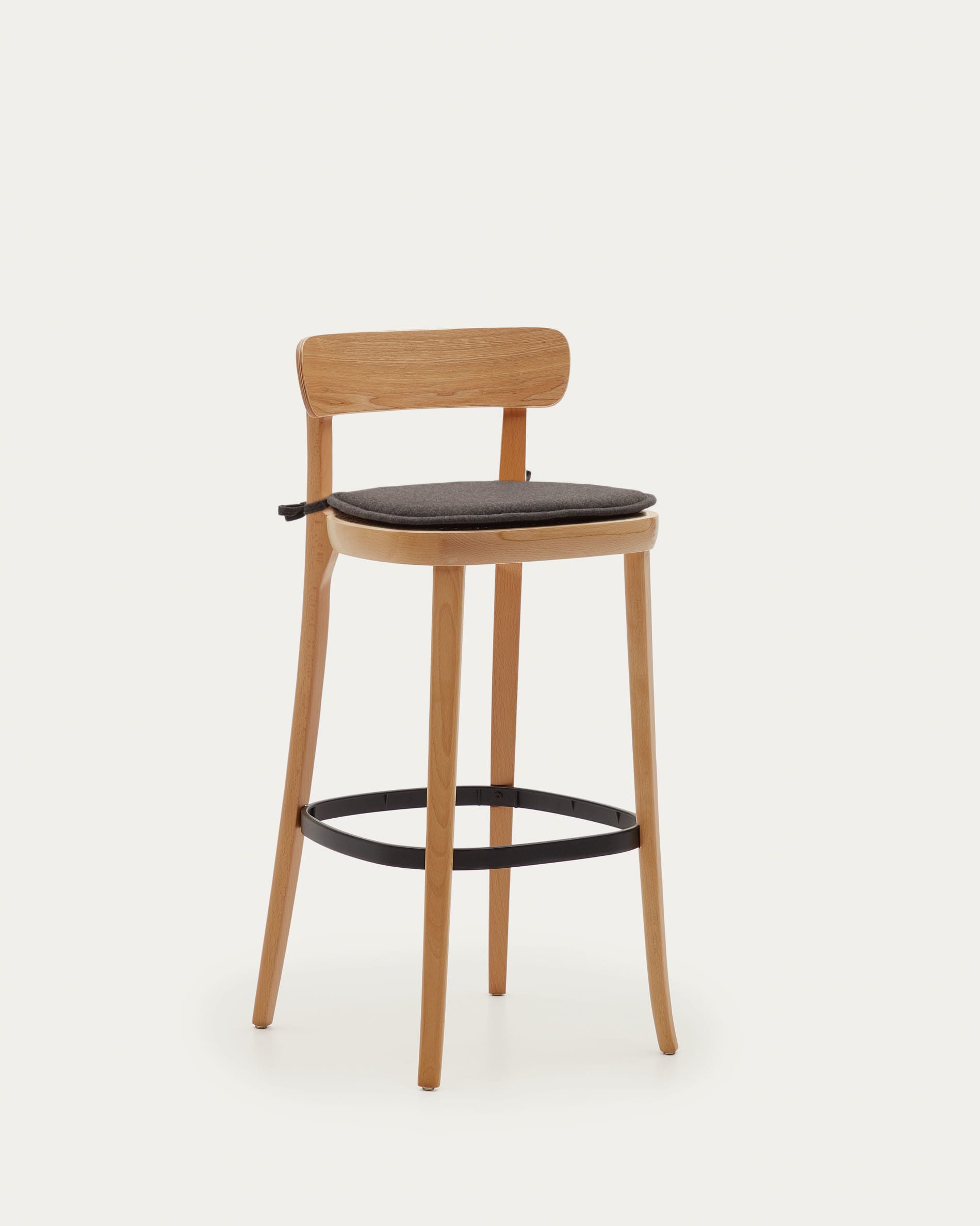 Eleganter Romane Hocker aus Buchenholz mit schwarzem Finish, Eschenfurnier und Rattan, 75 cm hoch, ideal für moderne Wohnräume.