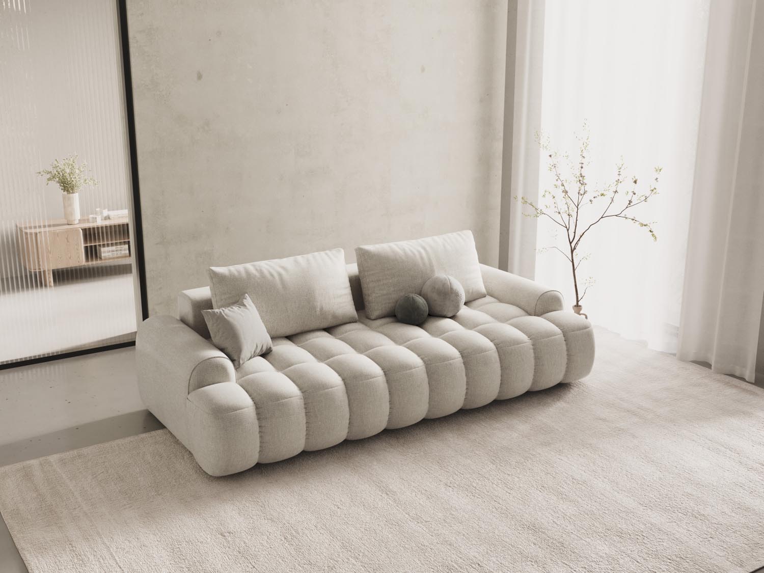 Beige Linz Sofa mit Schlaffunktion und Stauraum, 4-Sitzer, stilvolles Design für modernes Wohnen, ideal für Gästezimmer und Wohnzimmer.