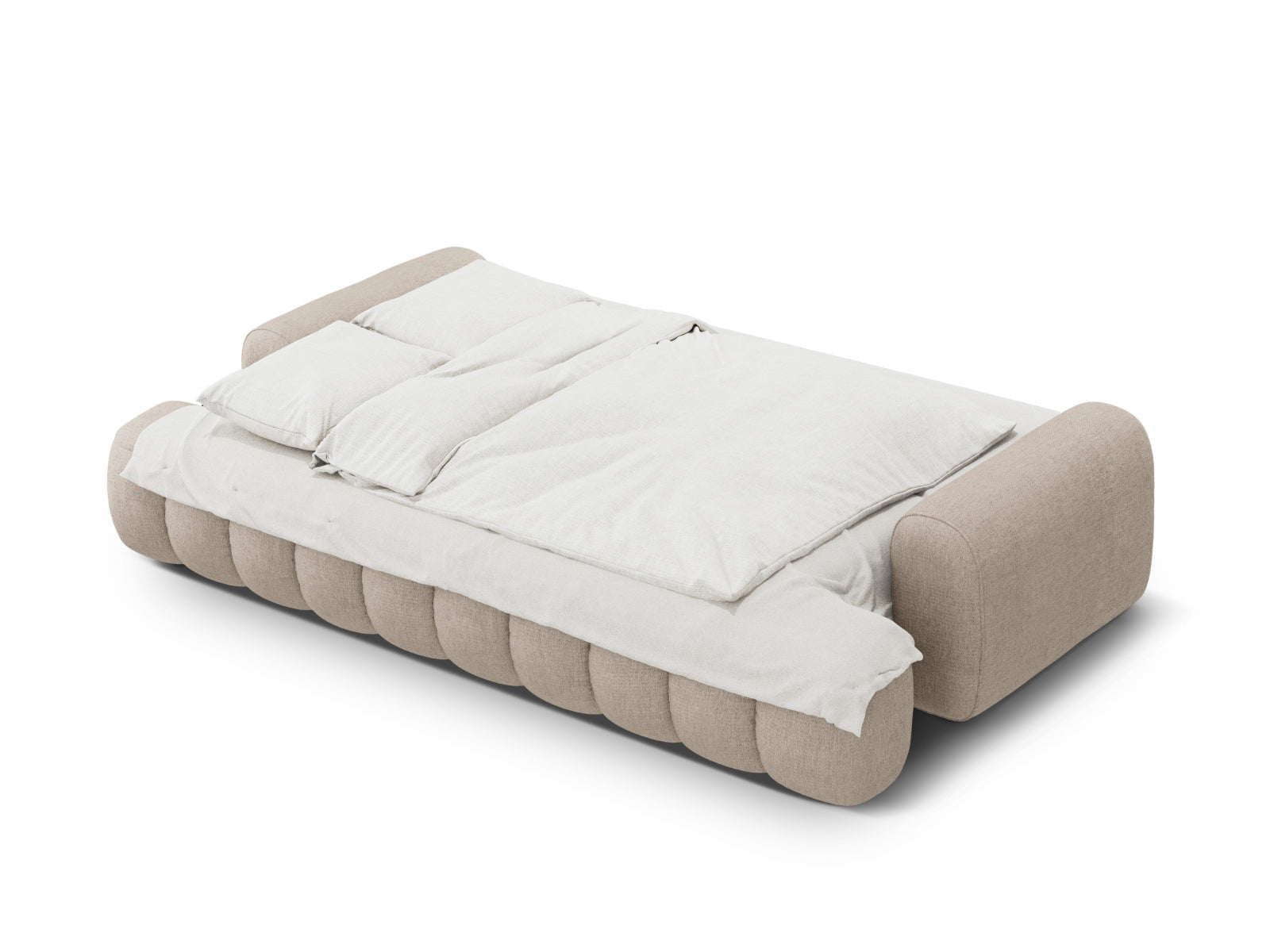 Elegantes Linz Sofa in Sand-Sorella, 4-Sitzer mit integrierter Schlaffunktion und Stauraum, ideal für stilvolle und funktionale Wohnräume.