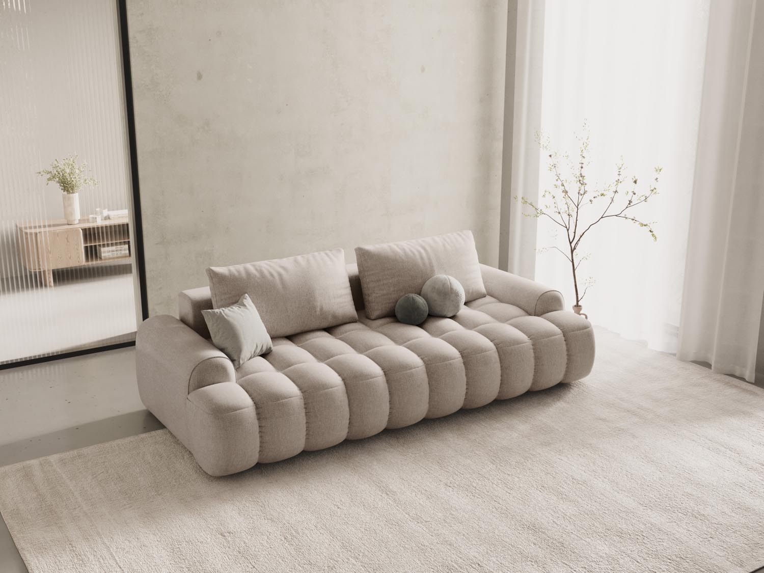 Elegantes Linz Sofa in Sand-Sorella, 4-Sitzer mit Schlaffunktion und Stauraum, ideal für stilvolle Wohnräume.
