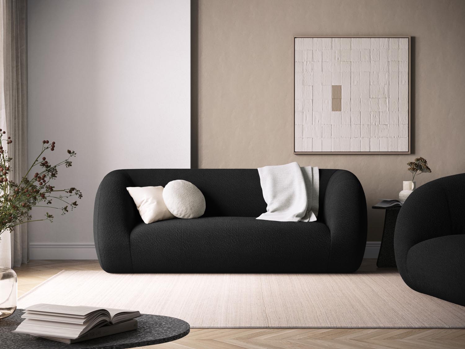 Elegantes Essen Boucle Sofa für zwei Personen in stilvollem Schwarz, ideal für moderne Wohnräume und gemütliche Abende.